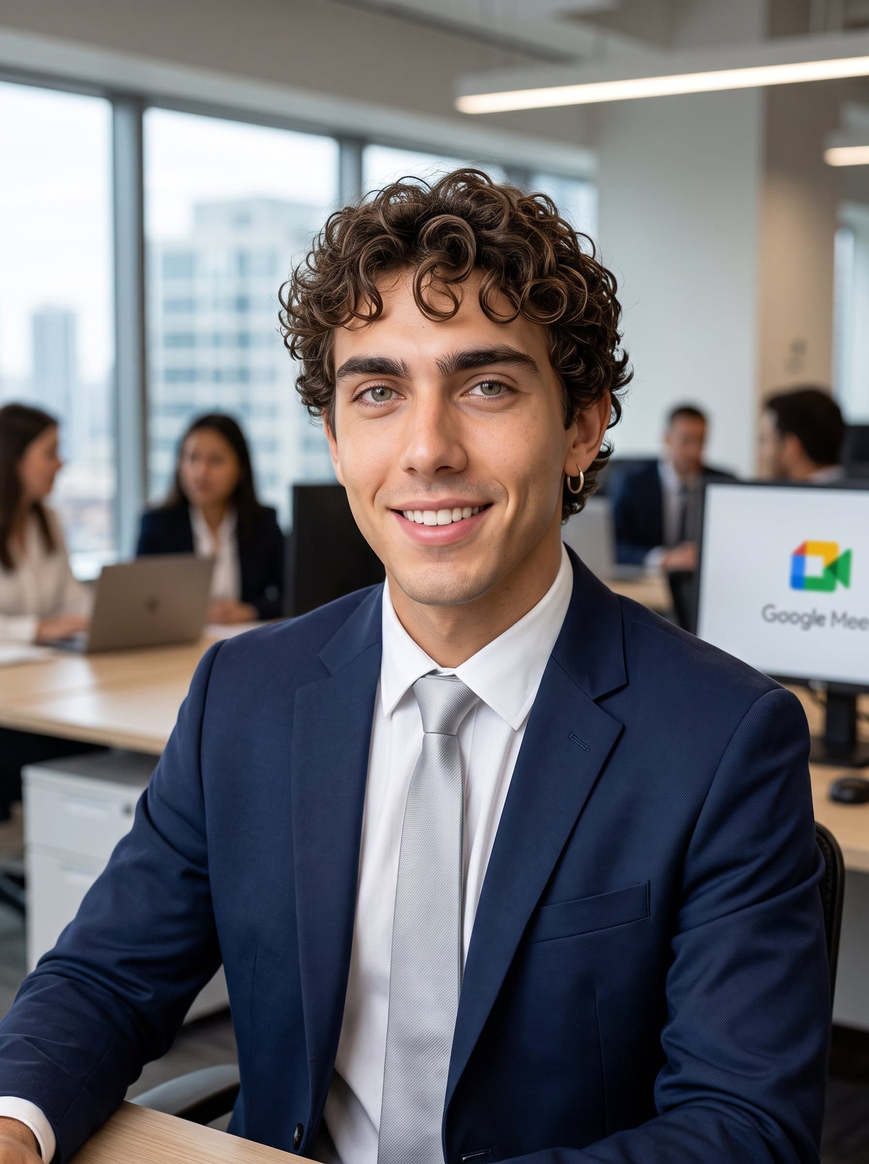 A corporate headshot featuring an man with neatly styled hair and a professional dress code, captured in a modern office setting with a friendly and approachable expression for Google Meet profiles.