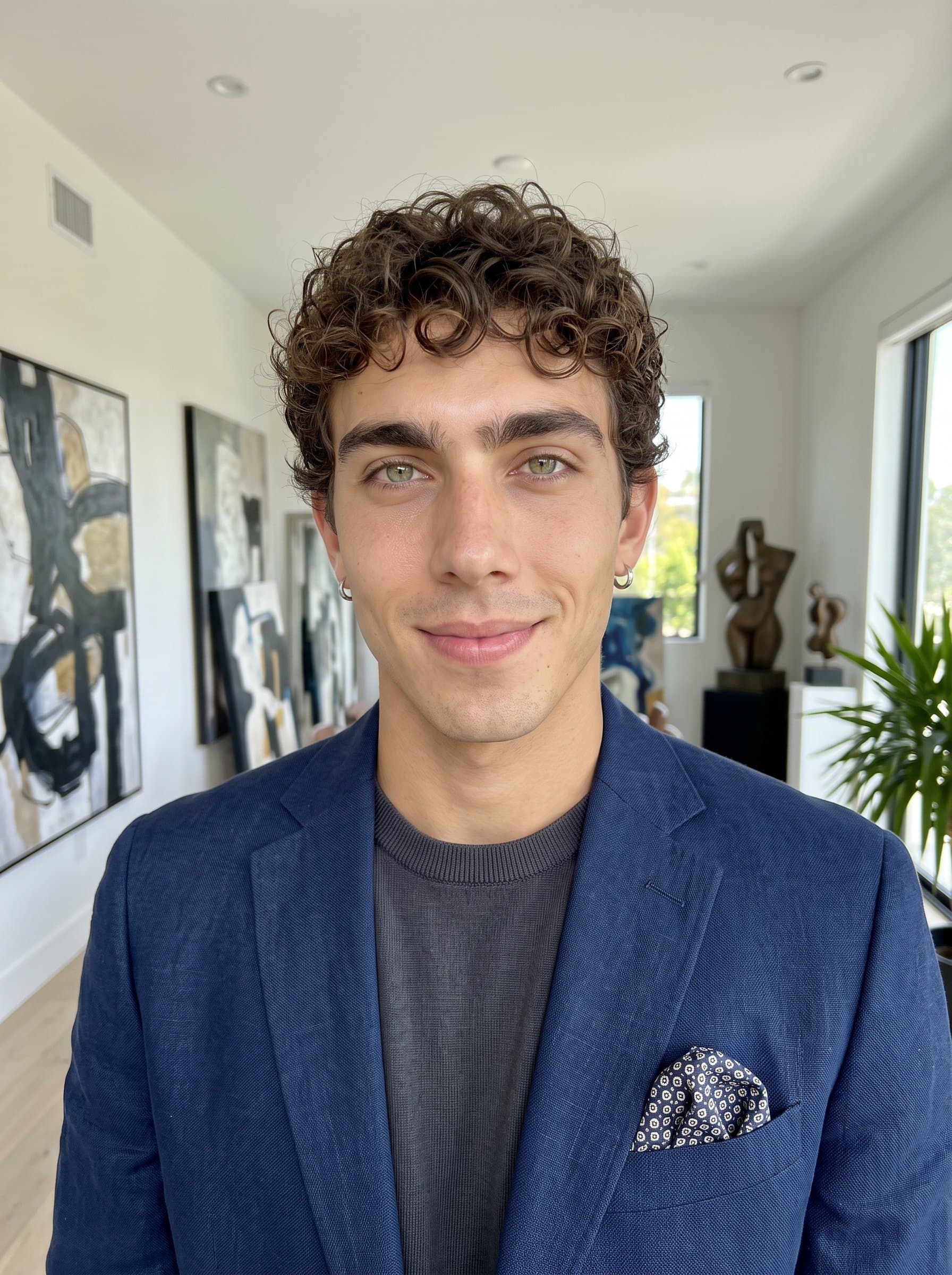 Create a headshot featuring an man with a stylish blazer and trendy haircut, surrounded by abstract art pieces, reflecting a dynamic personality for creative industry Google Meet interactions.