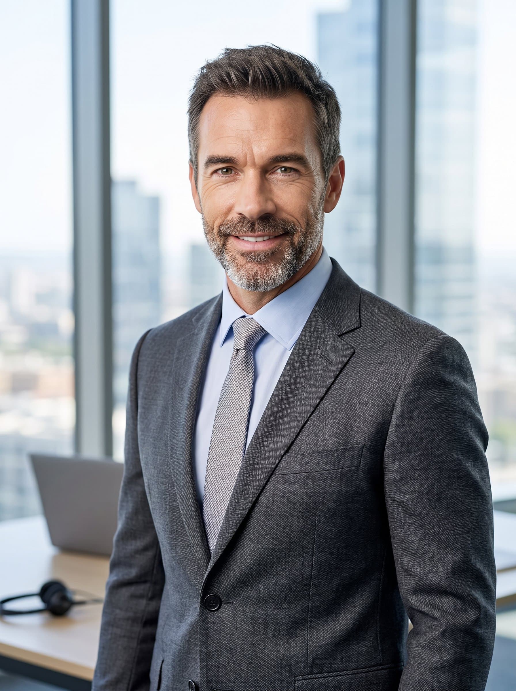 Create a headshot of a consultant in a neutral business outfit, with a blurred office window view behind, expressing expertise and readiness for consultative virtual interactions.