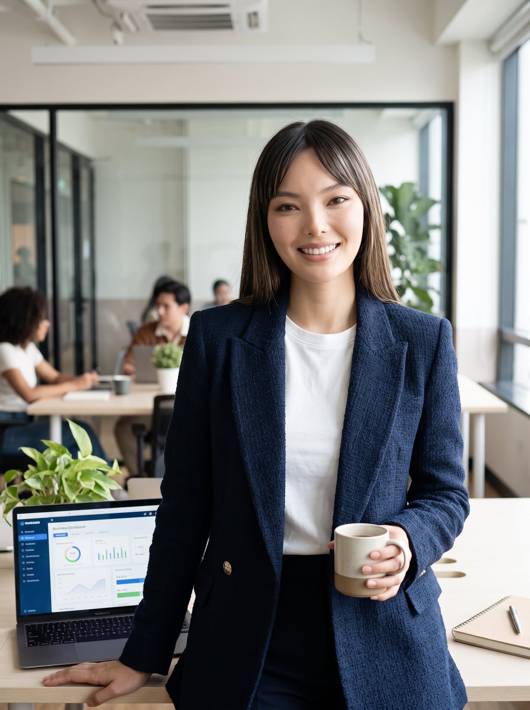 Design a professional headshot of an entrepreneur with a casual blazer, standing in a co-working space with an open laptop, projecting ambition and readiness for startup-focused virtual meetings.