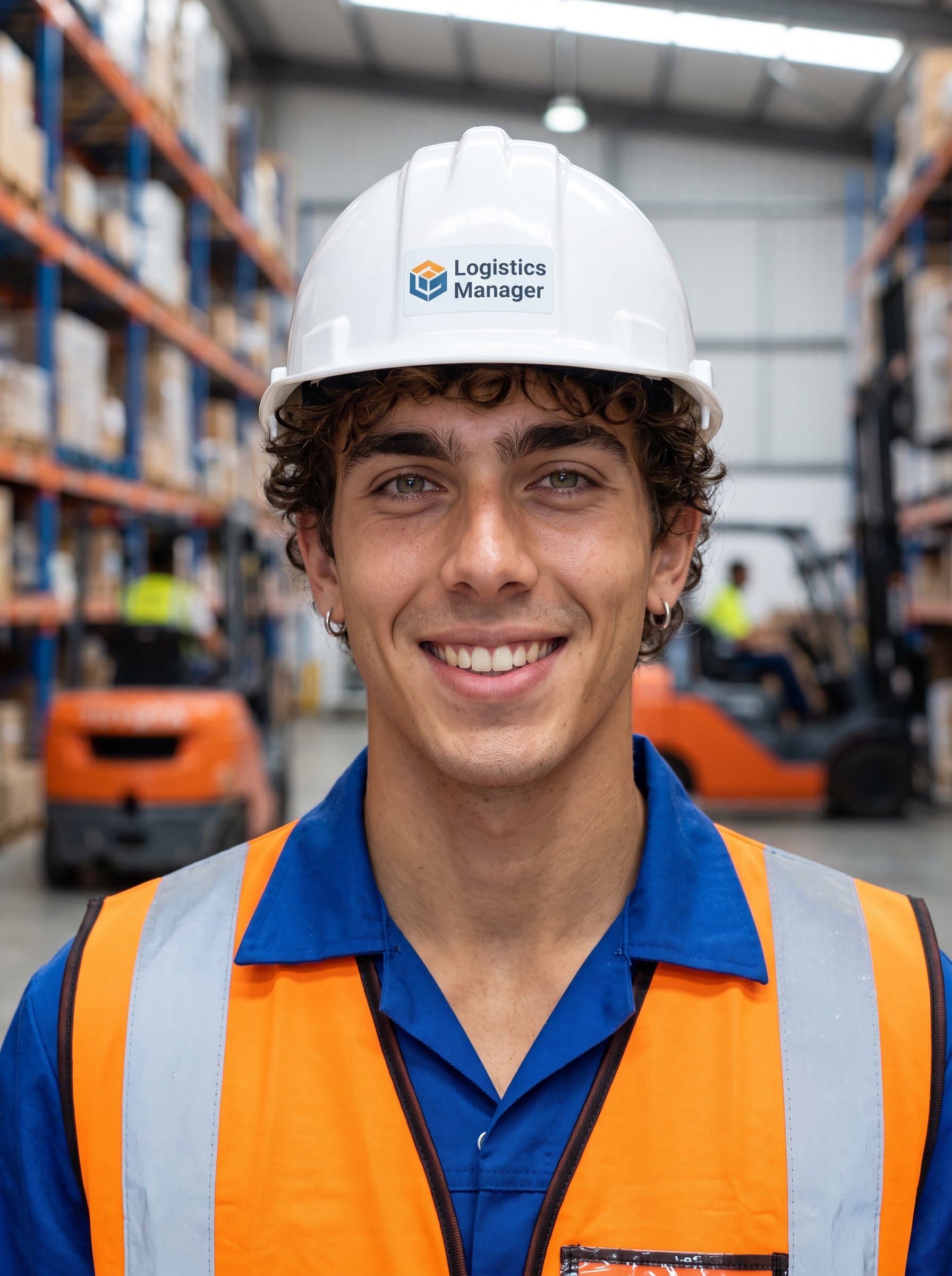 headshot of a logistics manager with a safety vest and helmet, standing before a blurred warehouse, portraying reliability and clarity for supply chain-related Google Meet sessions.