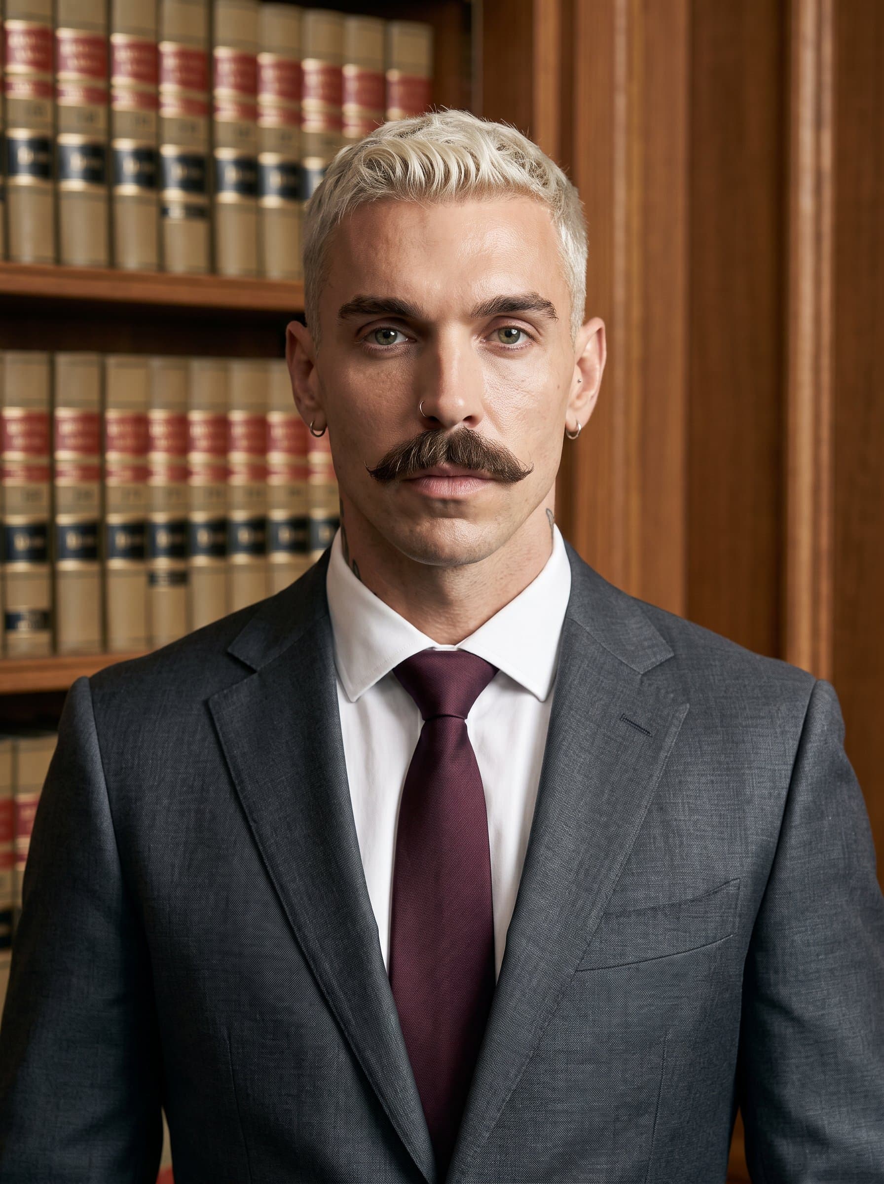 A headshot of a legal professional in a tailored suit with a solemn expression, set against a backdrop of law books and soft lighting, perfect for legal industry video conferences.