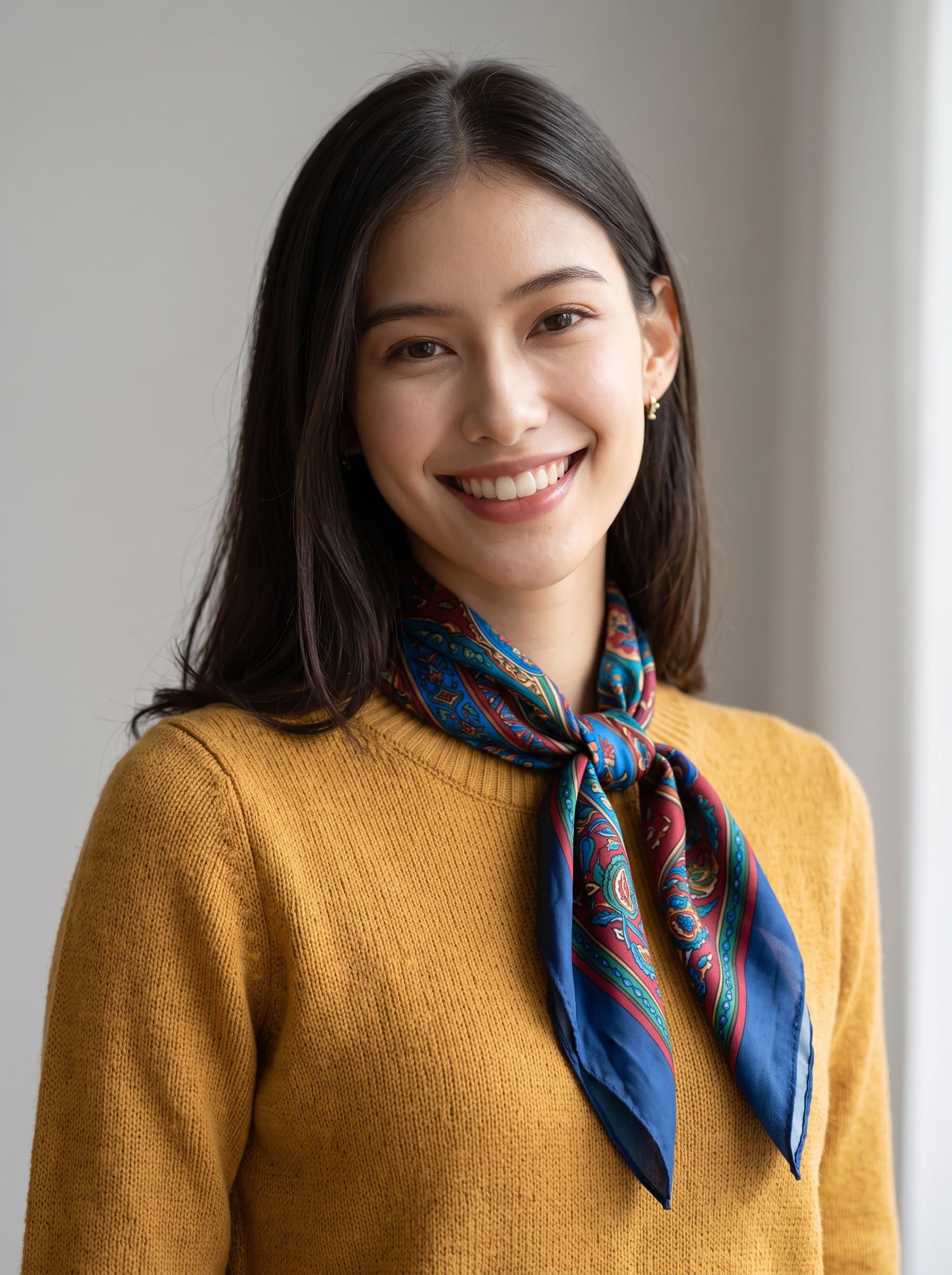 Design a professional headshot with soft lighting that highlights a creative professional with an artistic flair, wearing a colorful scarf and sweater, against a neutral background. Suitable for a marketing or design meeting.