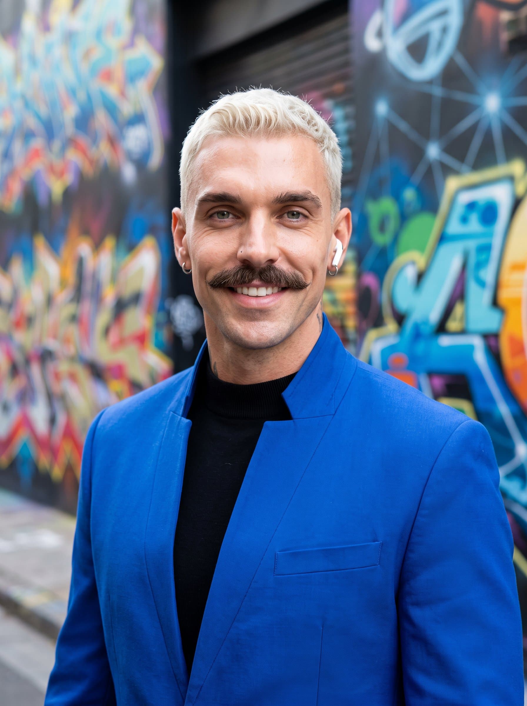 Create a creative industry headshot with a fashionable man in a bright jacket, set against a backdrop of artistic graffiti, representing innovation and creativity for virtual meetings.