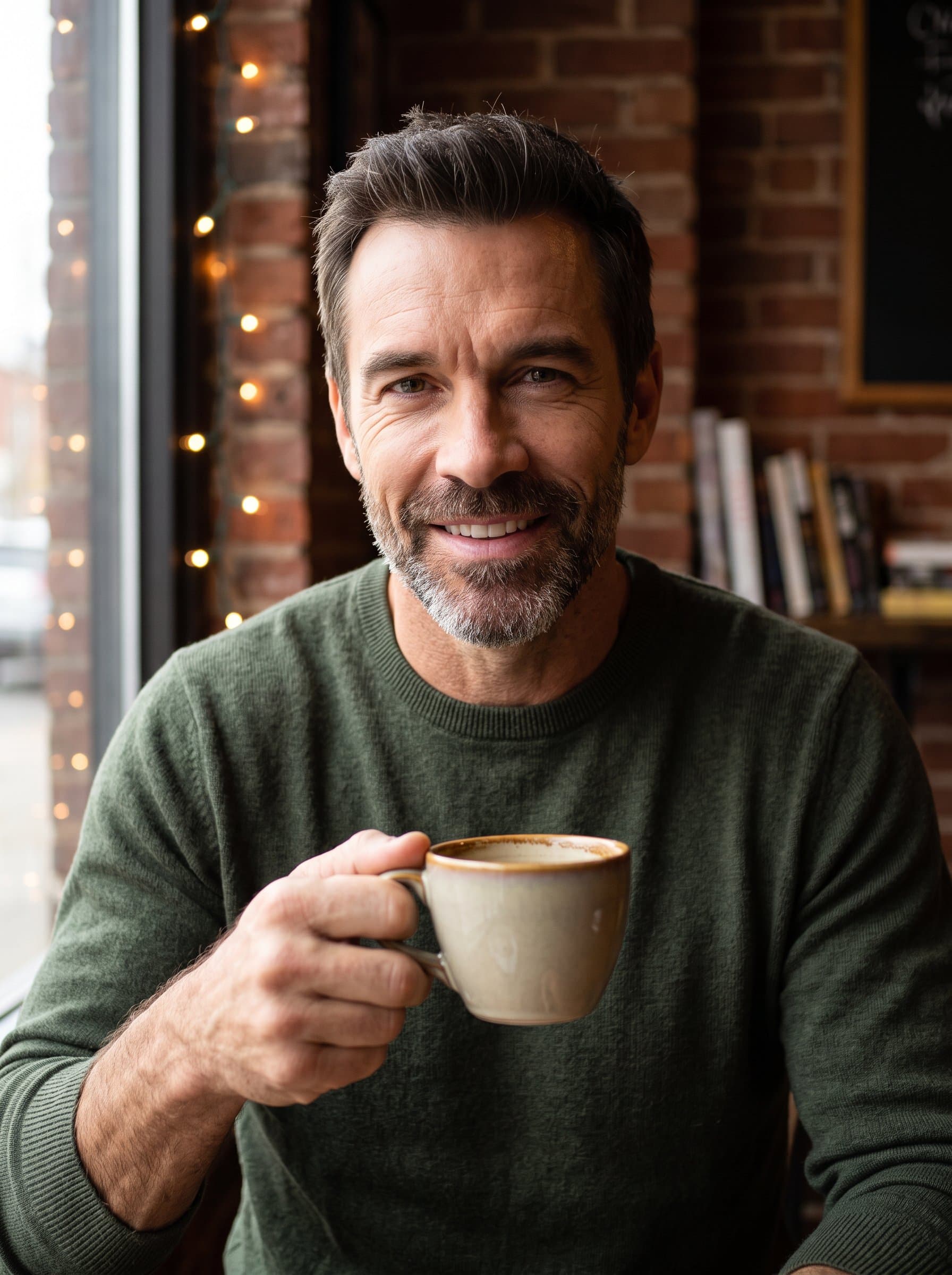 Create a against a cozy coffee shop interior, with soft lighting illuminating the face, conveying warmth and openness for an inviting OkCupid headshot.