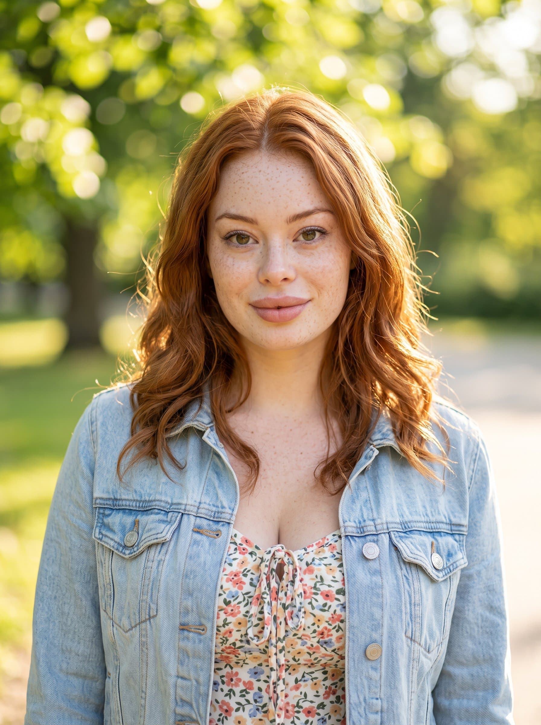 Capture a in a sunlit park, with a gentle smile and soft background blur, highlighting an approachable and friendly demeanor, perfect for an OkCupid profile photo.