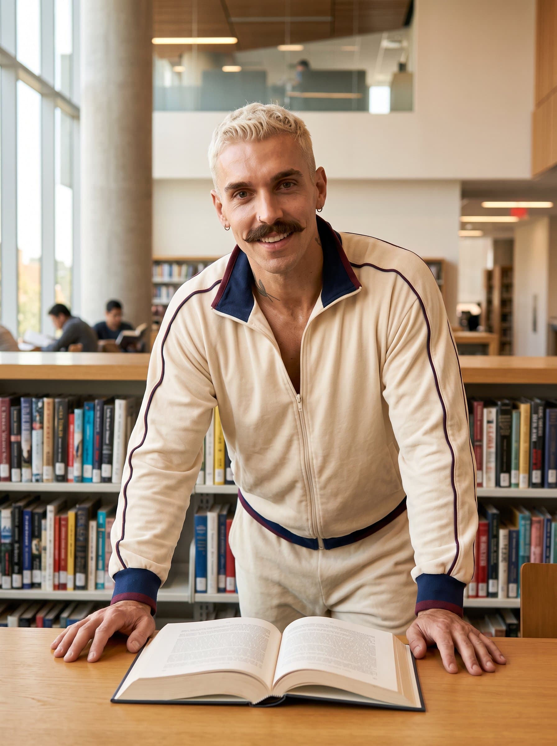 Render a in a modern library setting, with a curious and inviting expression, framed by books, embodying intellect and approachability for an OkCupid profile picture.