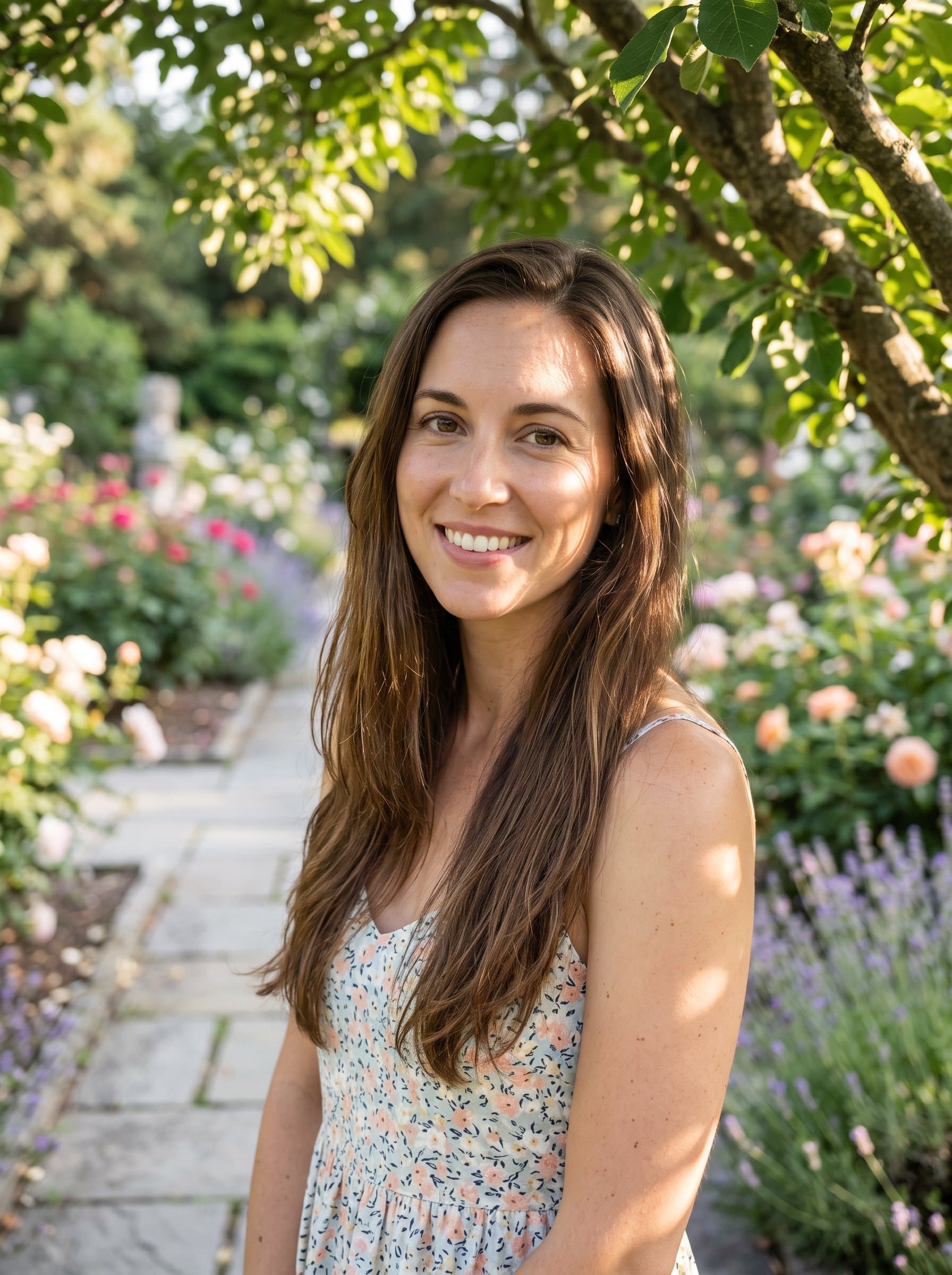 Portray a in a serene garden, with dappled sunlight on the face, capturing a natural and friendly expression suited for an online dating profile.