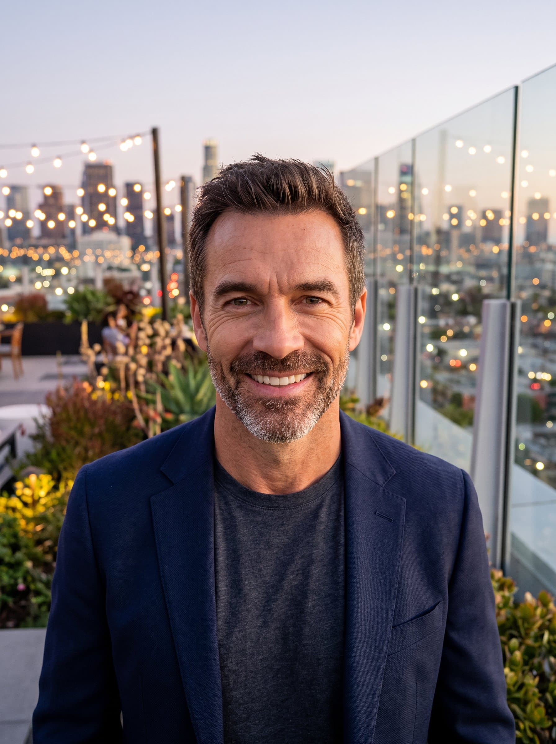 Showcase a at a rooftop garden, with city lights twinkling in the distance, smiling warmly to project confidence and openness for an OkCupid headshot.