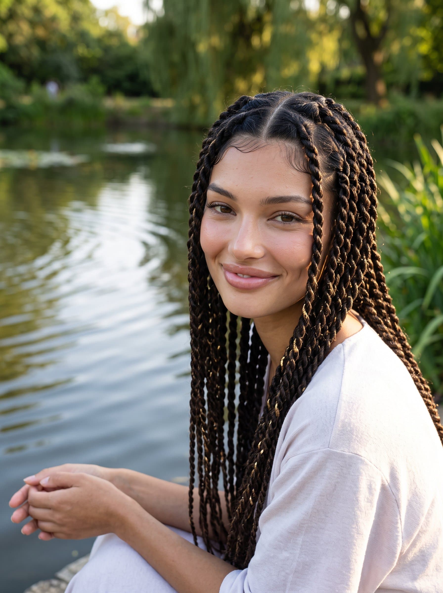 Generate a near a tranquil pond, with gentle ripples in the background, capturing a peaceful and approachable expression for an online dating profile image.