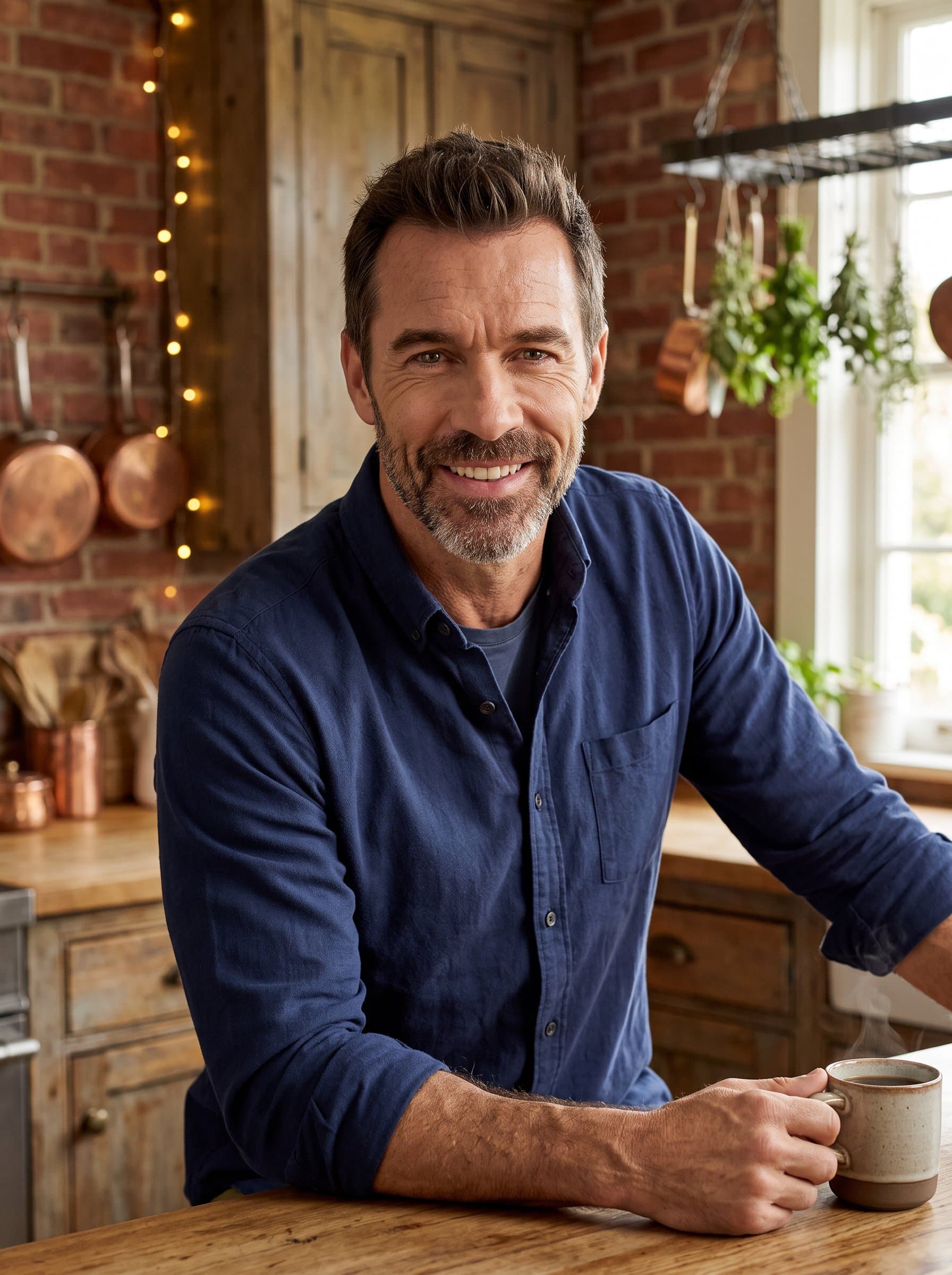 Present a in a rustic kitchen, with warm light highlighting a genuine smile, to showcase hospitality and friendliness for an appealing OkCupid headshot.