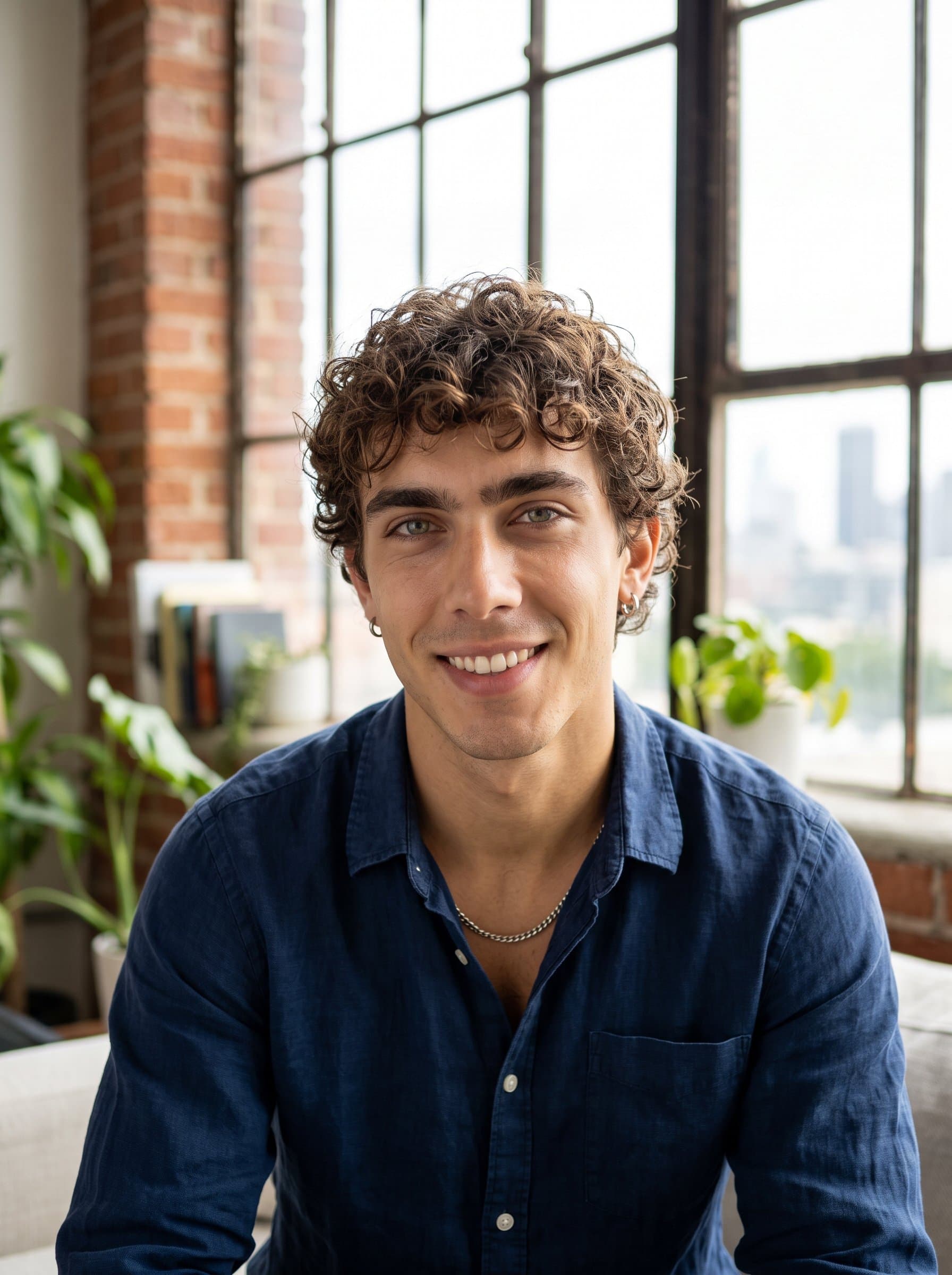 Design a sitting in a stylish urban loft, softly lit from a large window, exuding confidence and warmth, ideal for a professional yet inviting OkCupid headshot.