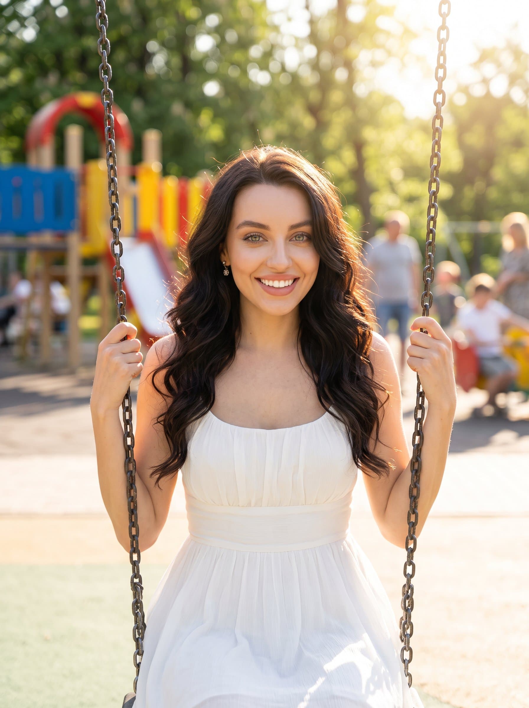 Design a sitting on a swing in a sunny playground, with a playful yet approachable expression, highlighting a joyful nature for an online dating headshot.