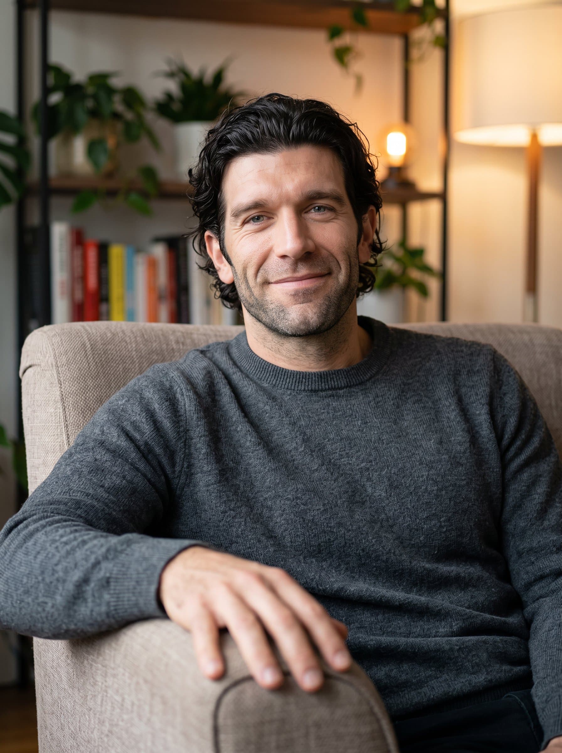 Illustrate a in a cozy living room, relaxed in an armchair with a gentle smile, conveying warmth and comfort, perfect for an OkCupid headshot.