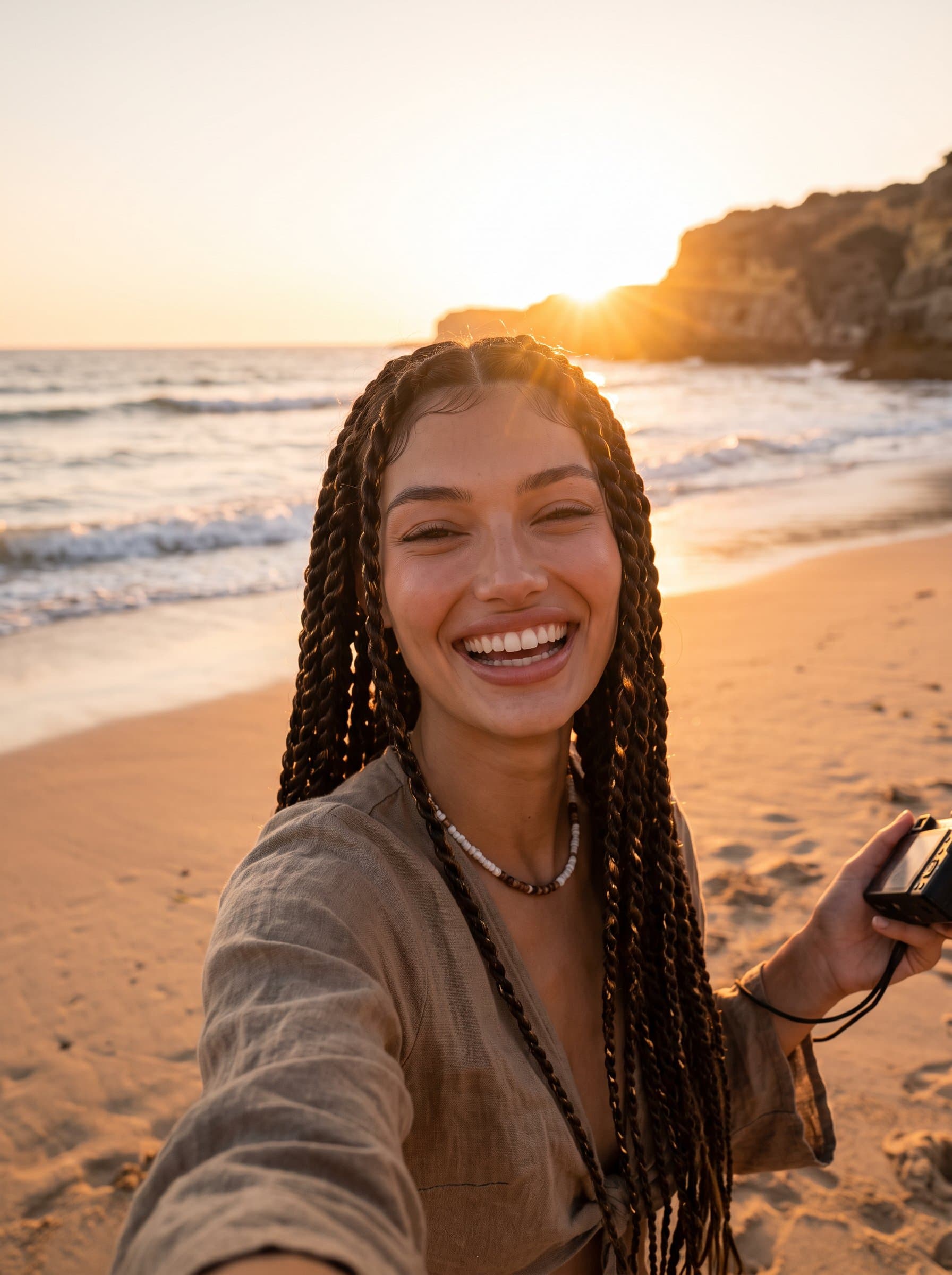 Visualize a at a beach during golden hour, with a relaxed smile and the ocean in the background, giving off an adventurous yet approachable vibe for a dating profile.