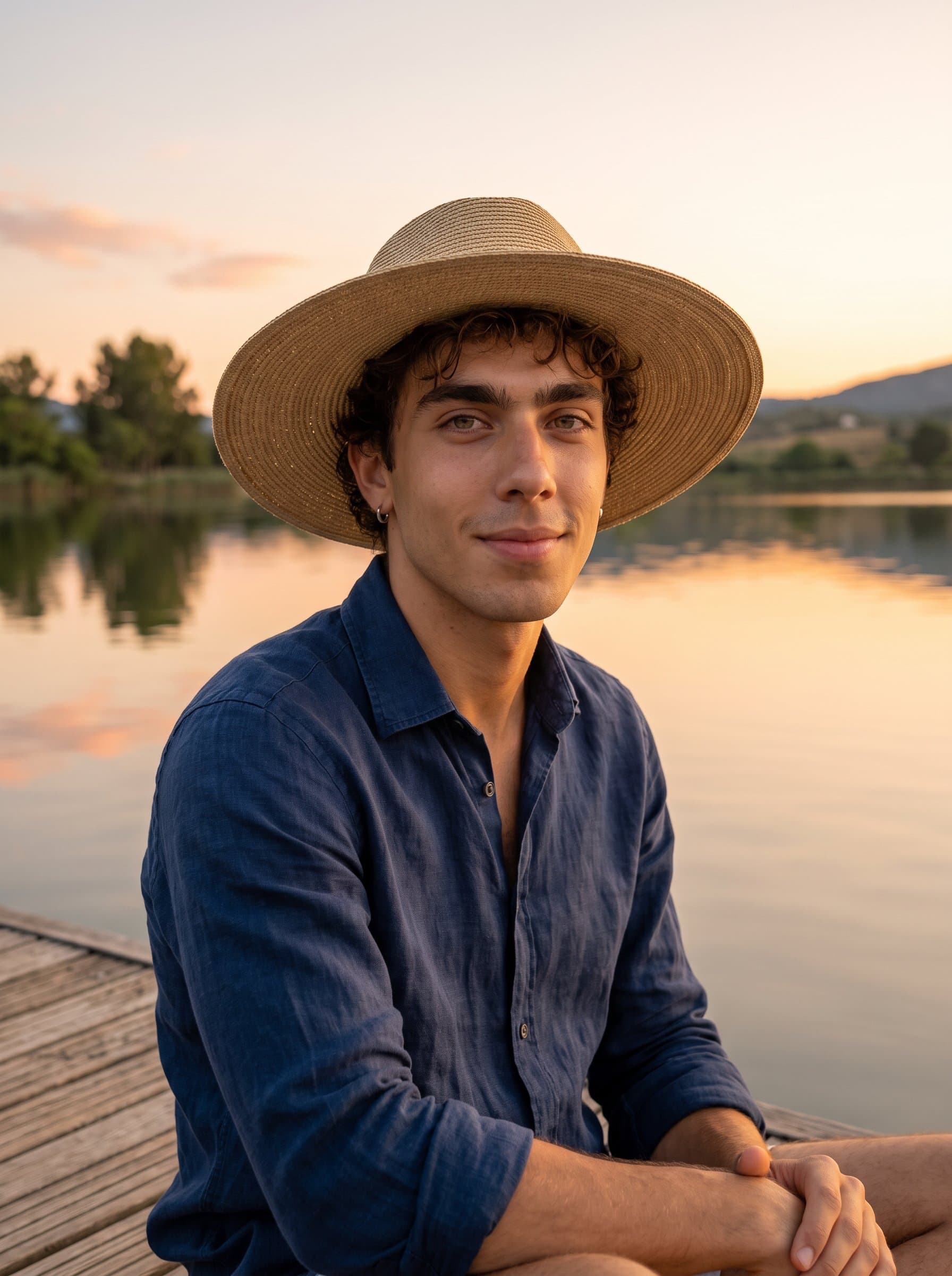 Visualize a at a serene lakeside during sunset, with a reflective expression and a gentle smile, capturing tranquility and friendliness for a dating profile picture.
