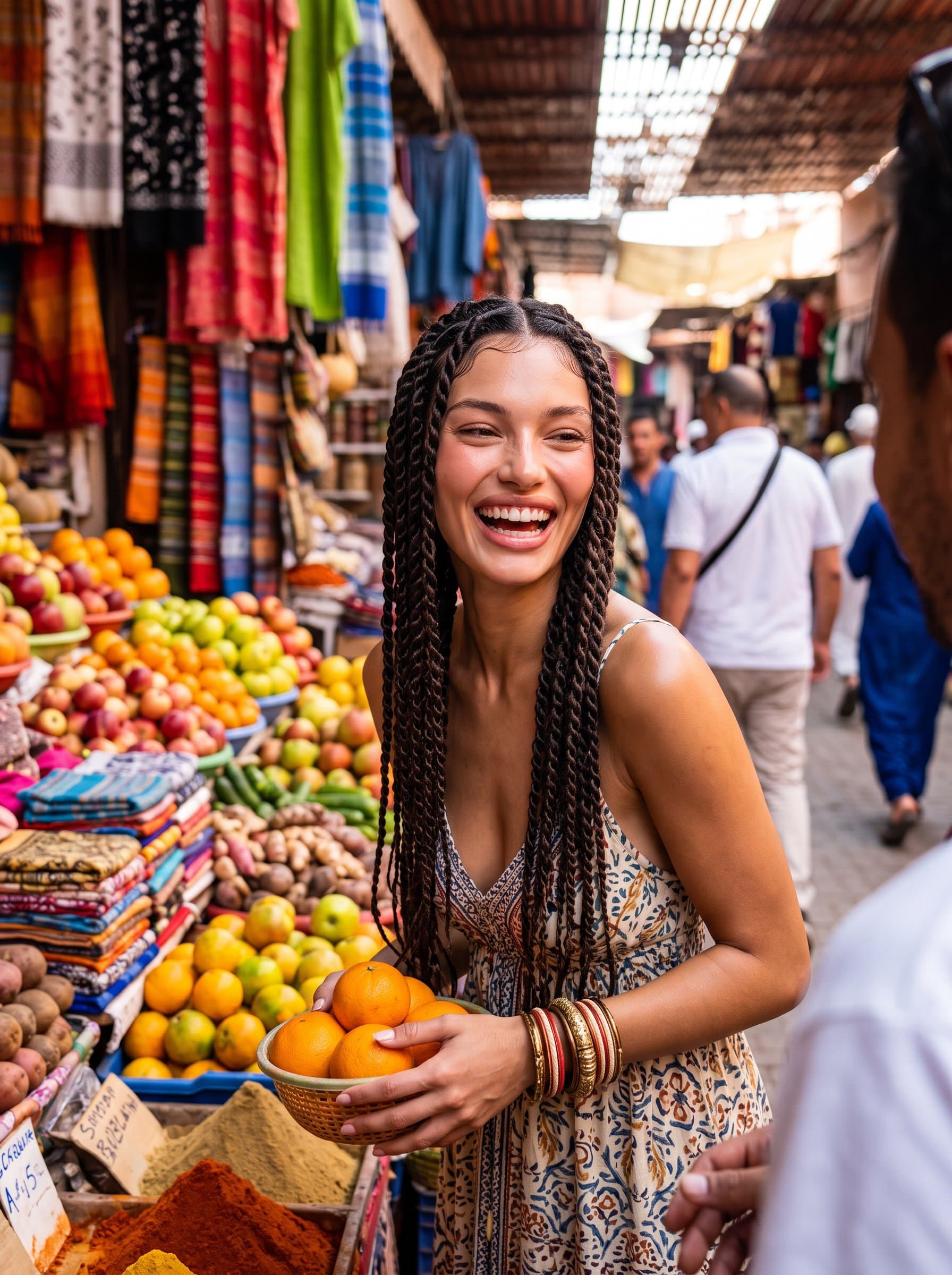 Depict a standing in a bustling market, with vibrant colors around, and a joyful expression, highlighting a sociable and engaging personality for a dating profile.