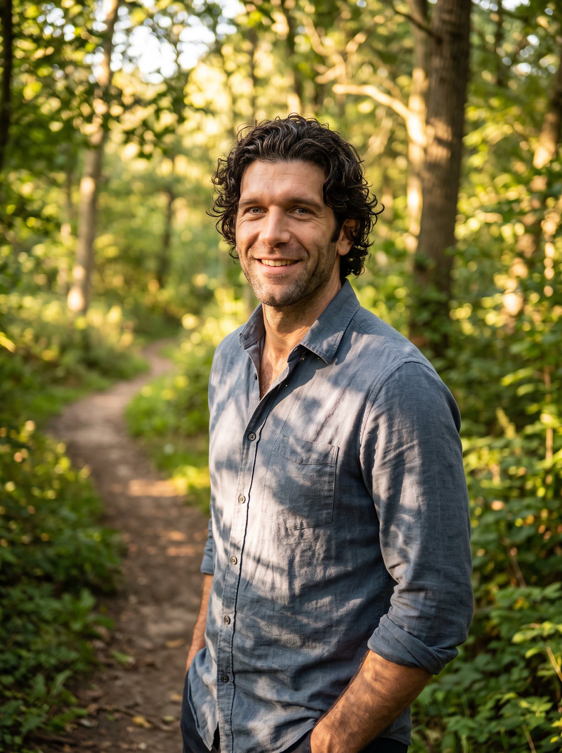 Illuminate a in a sun-dappled forest path, with a contented smile and relaxed stance, embodying tranquility and warmth for a dating profile headshot.