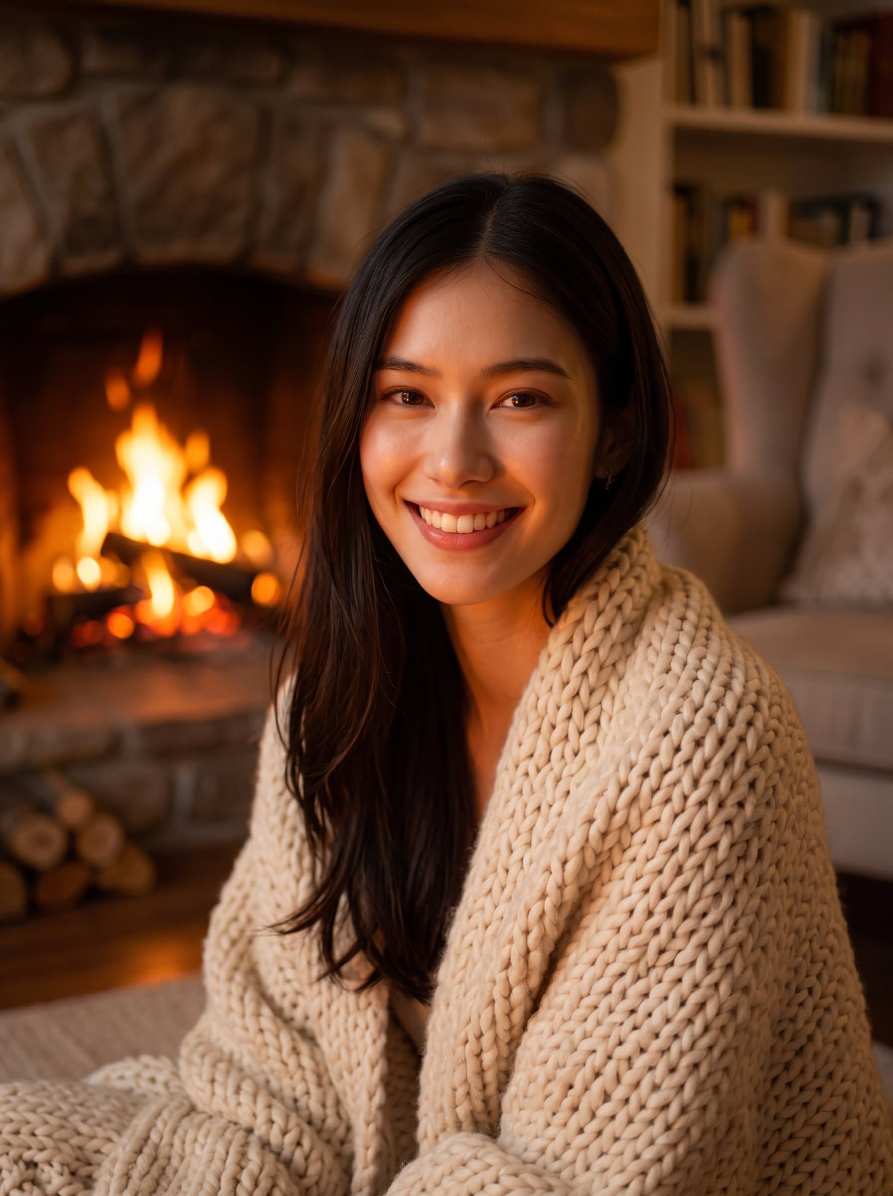 Render a near a cozy fireplace, with a warm glow on the face, and a comforting smile, perfect for an inviting OkCupid headshot.