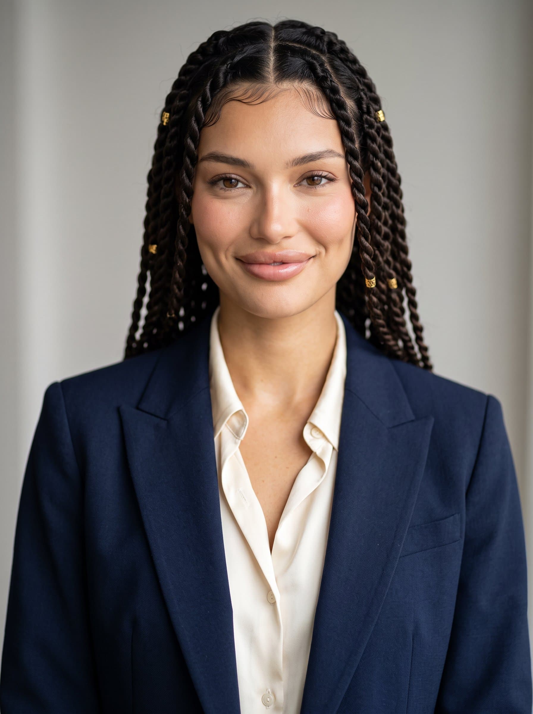 : Capture a Classic Elegance headshot with soft lighting and a neutral backdrop, highlighting the woman's approachable smile and confident posture for a Match.com profile that exudes timeless charm.