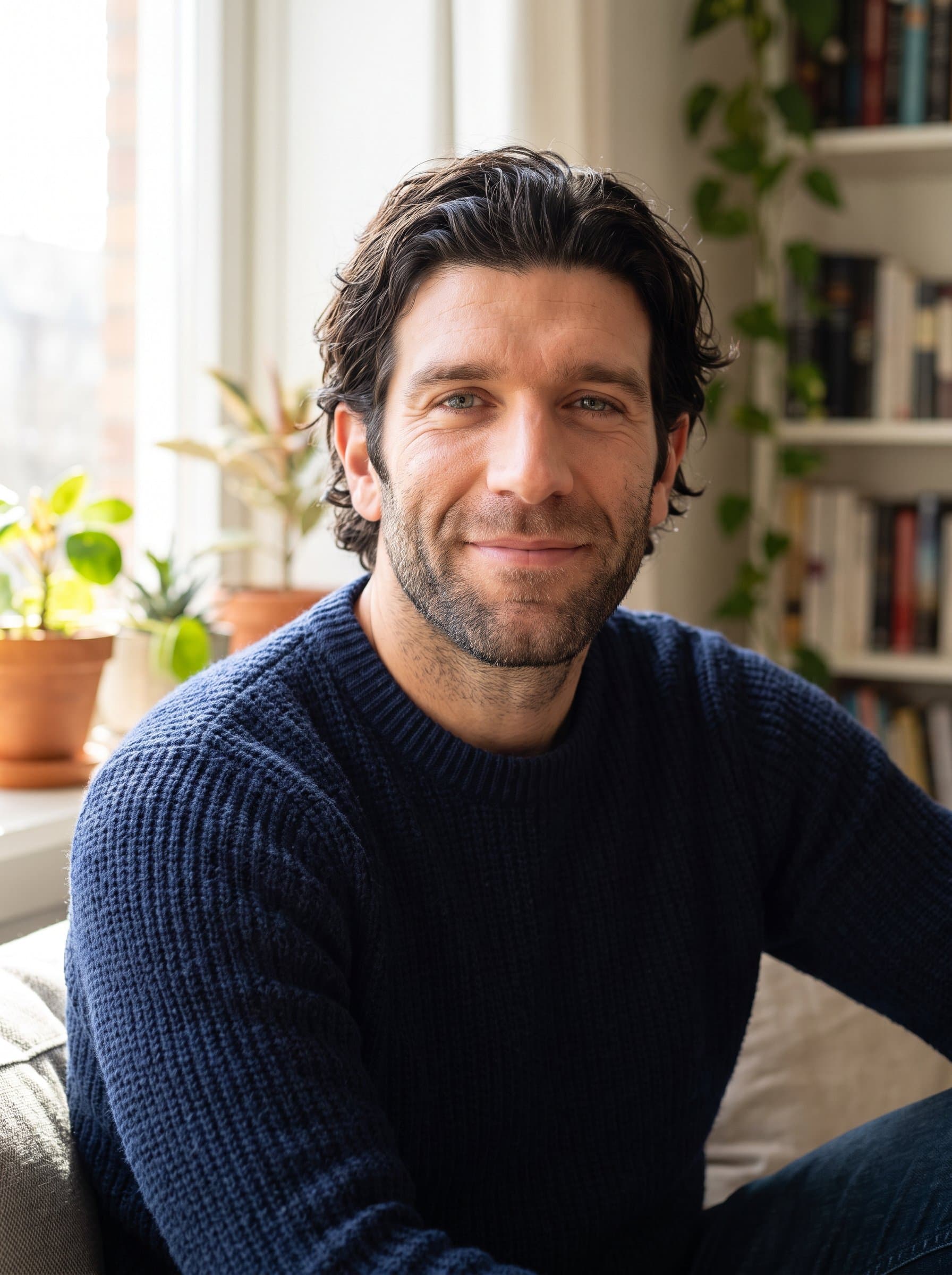 : Create a Casual Charm headshot featuring the man in a cozy setting with natural light, emphasizing their warm expressions and open demeanor to attract genuine connections on Match.com.