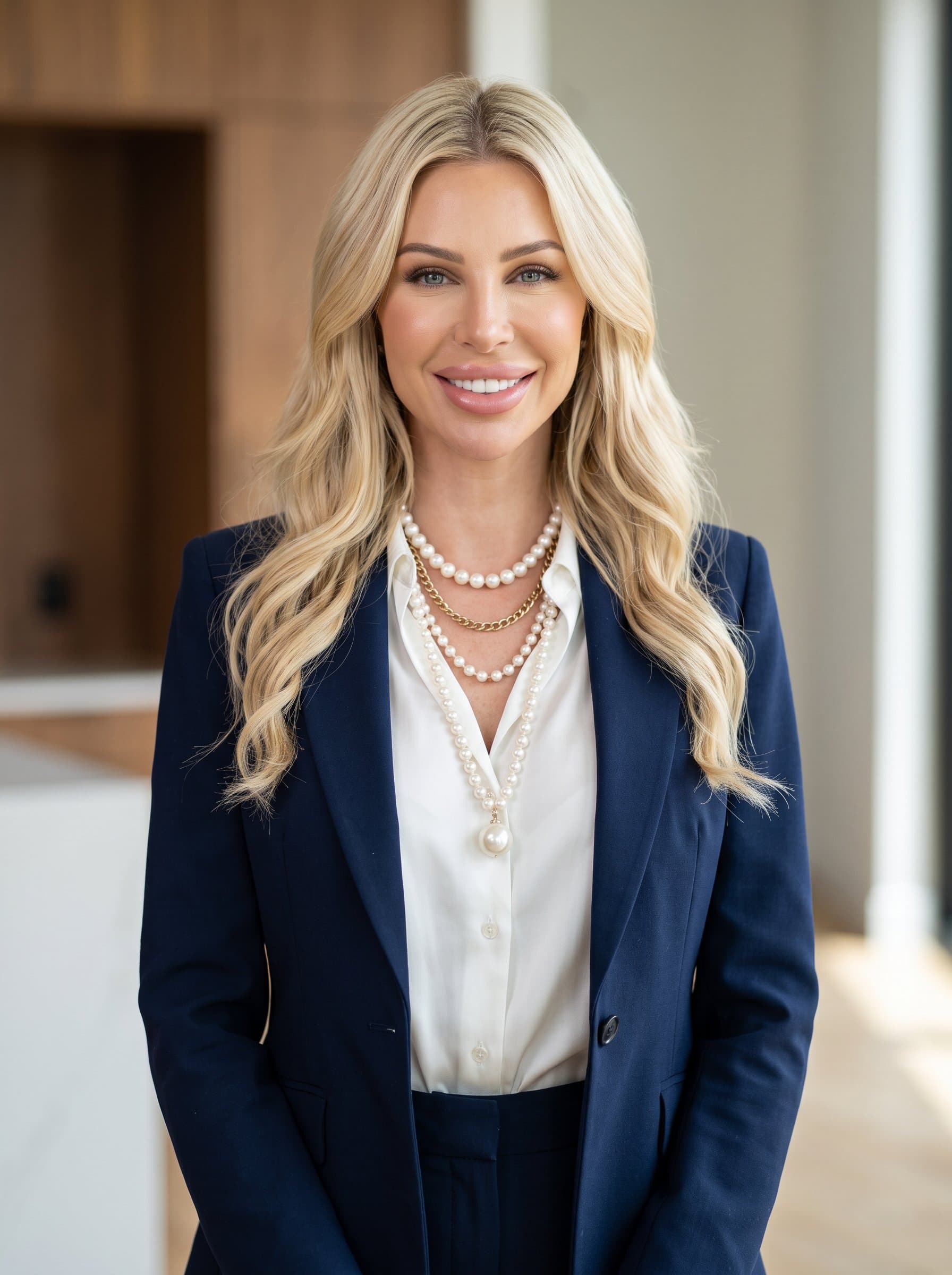 : Design a Modern Professional headshot with a sleek outfit and minimalist background, showcasing the woman's confident gaze and poised stance for a Match.com profile with a fresh, contemporary appeal.