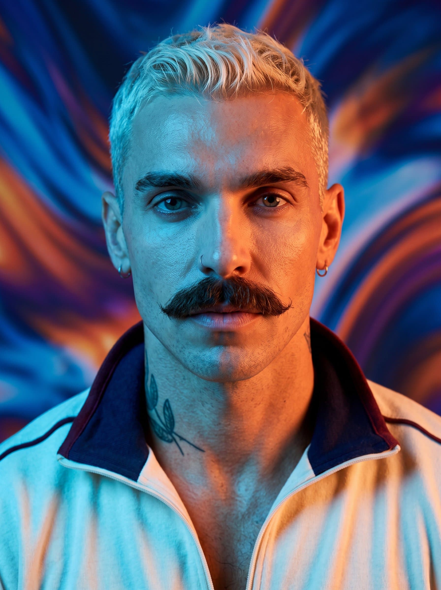 : Generate an Artistic Flair headshot using creative lighting and an abstract background to highlight the man's unique features and vibrant personality, perfect for standing out on a Match.com profile.