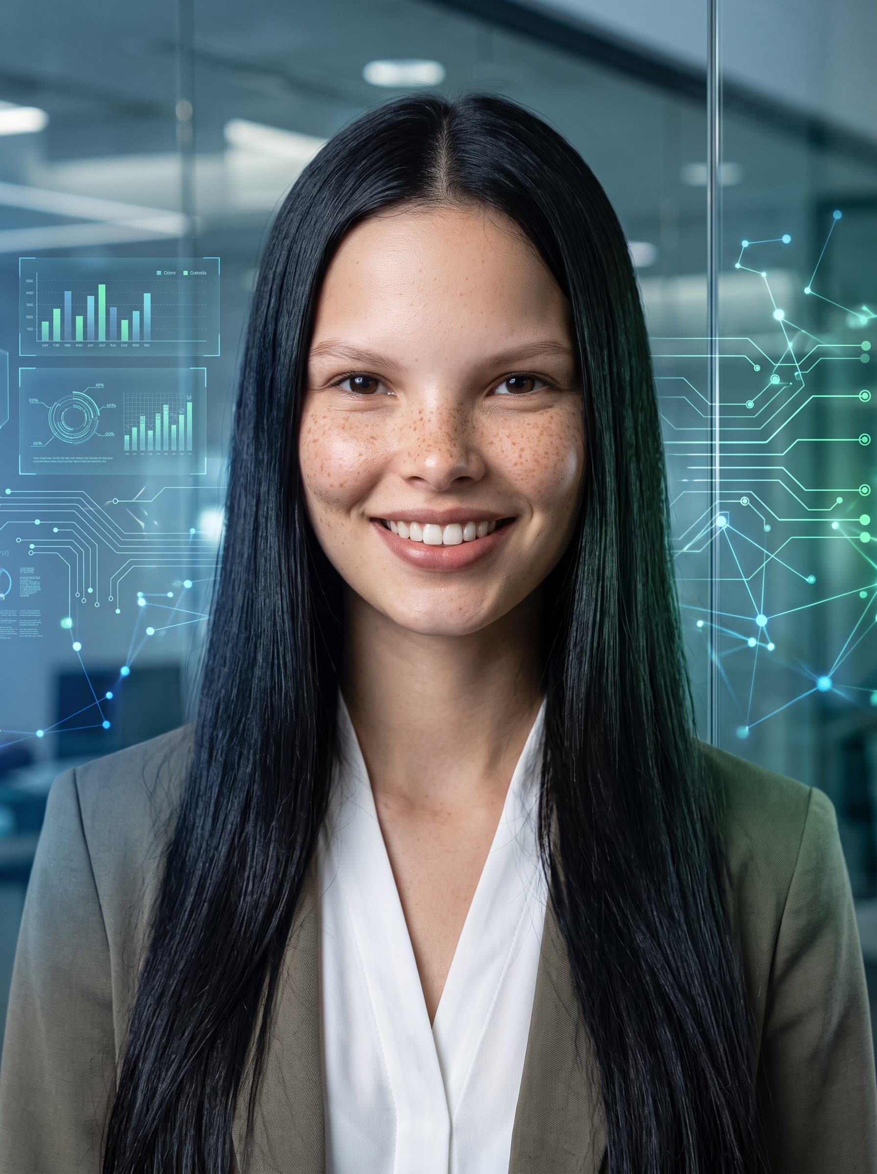 : Generate a Modern Professional headshot with tech-inspired elements and a confident expression, showcasing an innovative and forward-thinking persona for a Match.com profile.