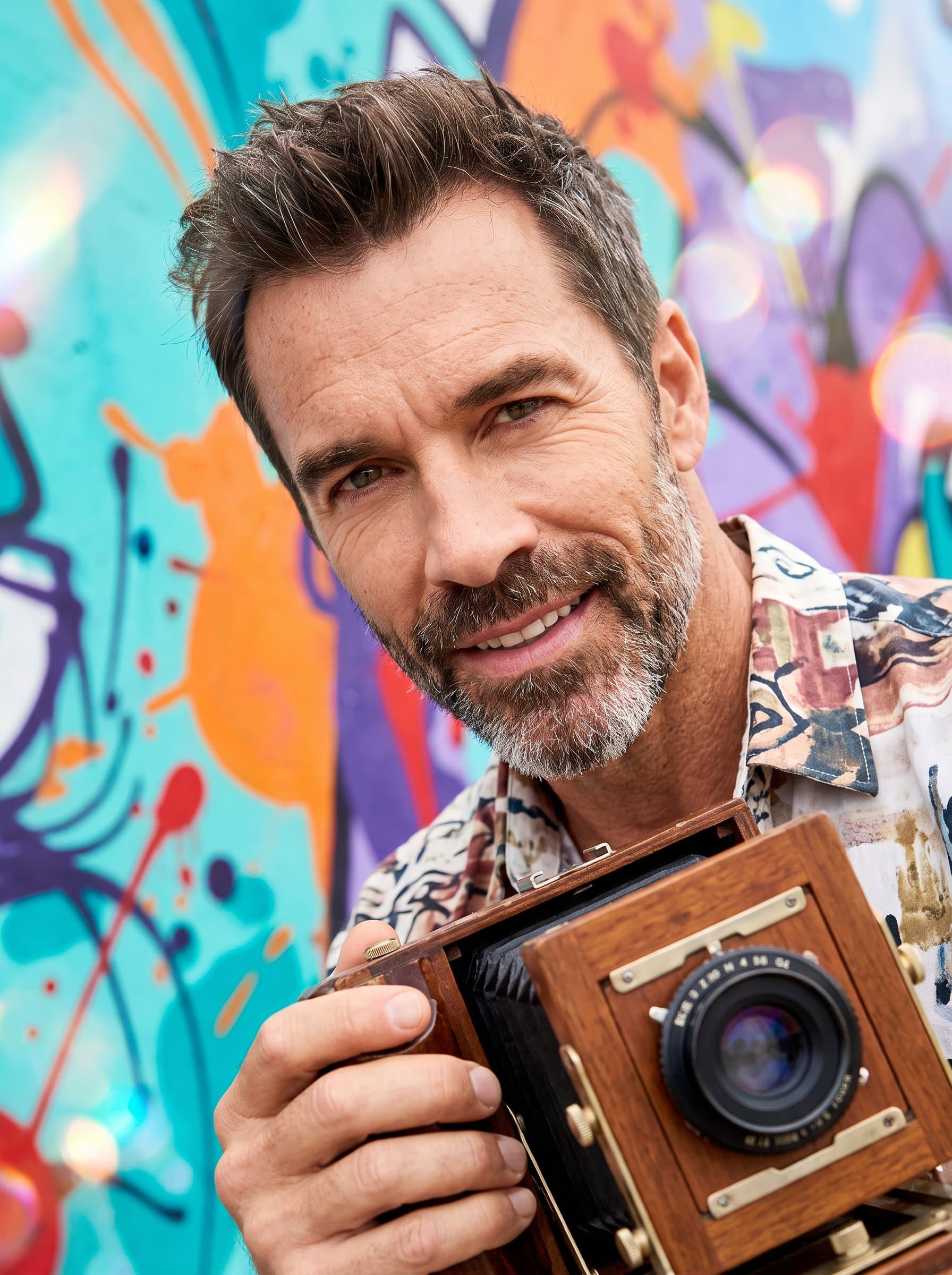 : Design an Artistic Flair headshot with a colorful background and creative angles, highlighting the man's artistic side and unique style for a Match.com profile that stands out.
