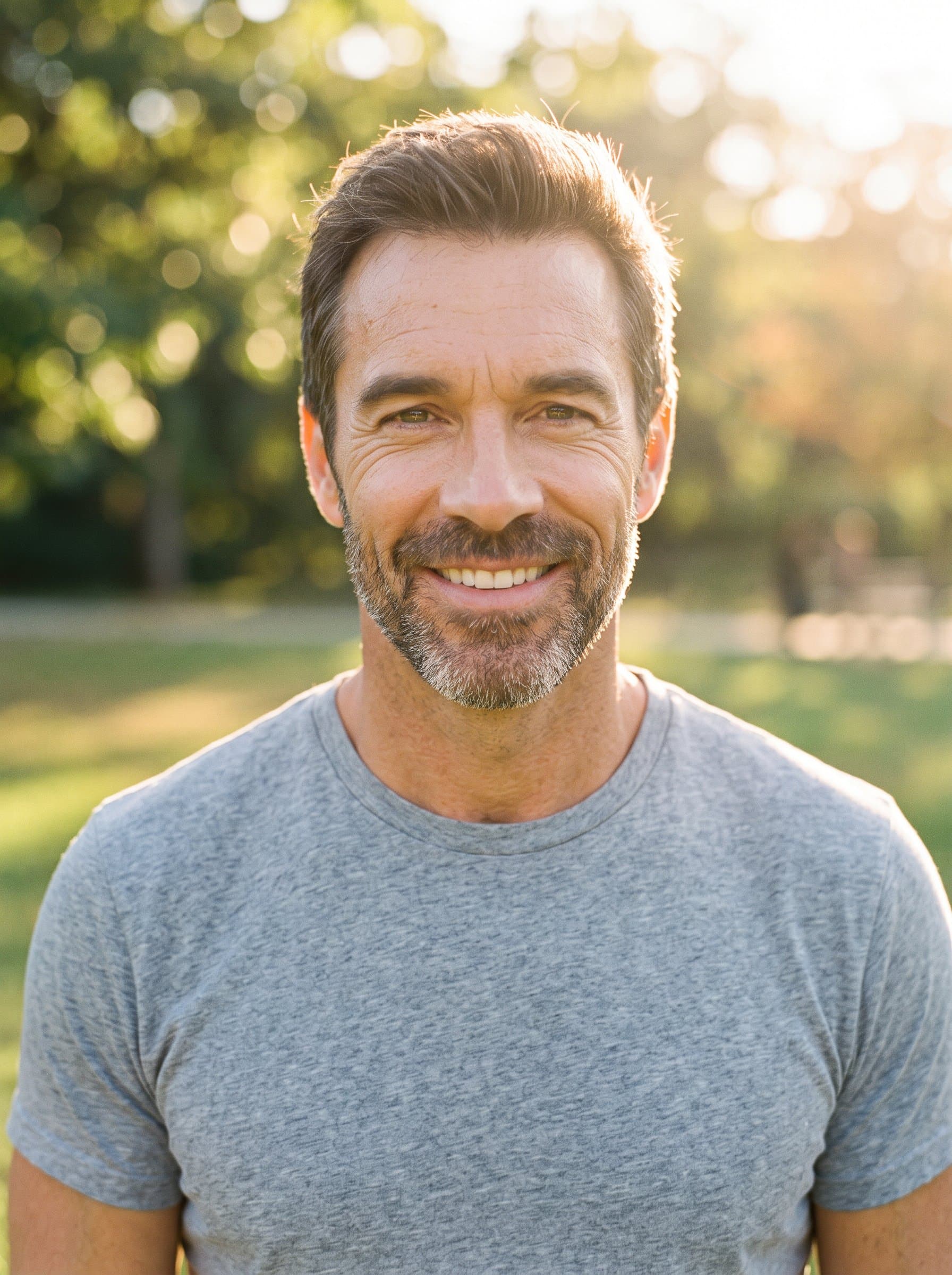 : Create a Casual Charm headshot with sunlit elements and casual wear, emphasizing a down-to-earth vibe that invites genuine connections on a Match.com profile.
