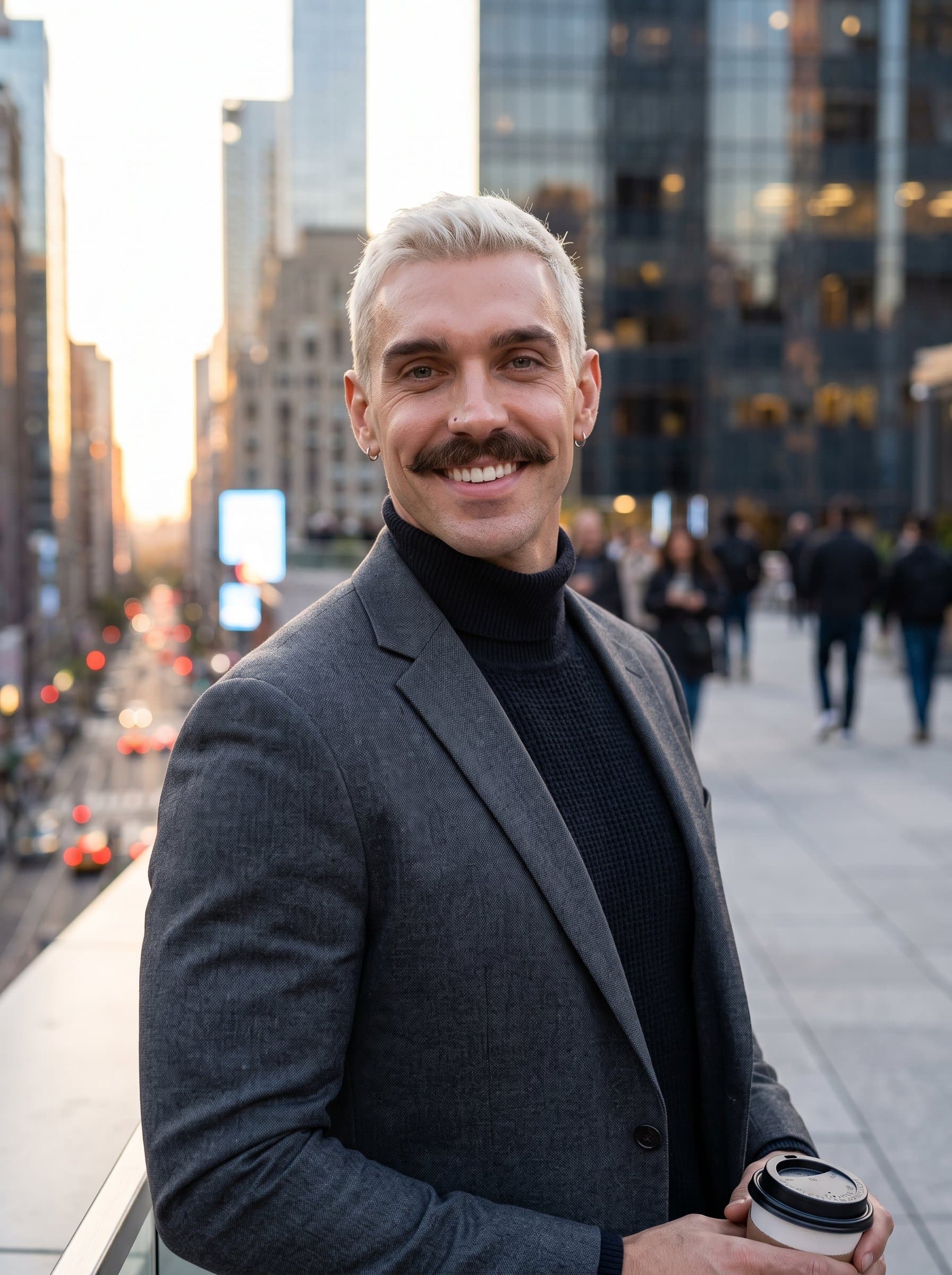 : Produce an Urban Sophistication headshot in a cityscape setting, with modern attire and a confident expression, conveying a worldly and dynamic persona for a Match.com profile.