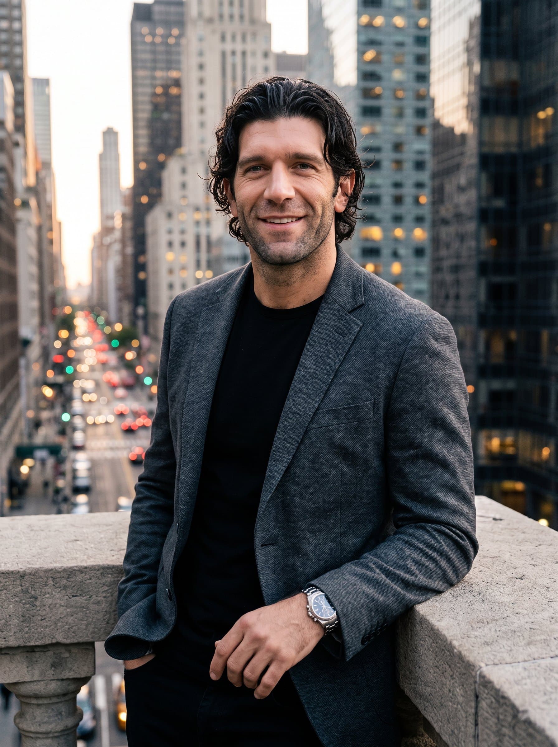 : Produce an Urban Sophistication headshot with a city skyline in the background, wearing stylish attire and a confident pose, perfect for a Match.com profile with urban appeal.