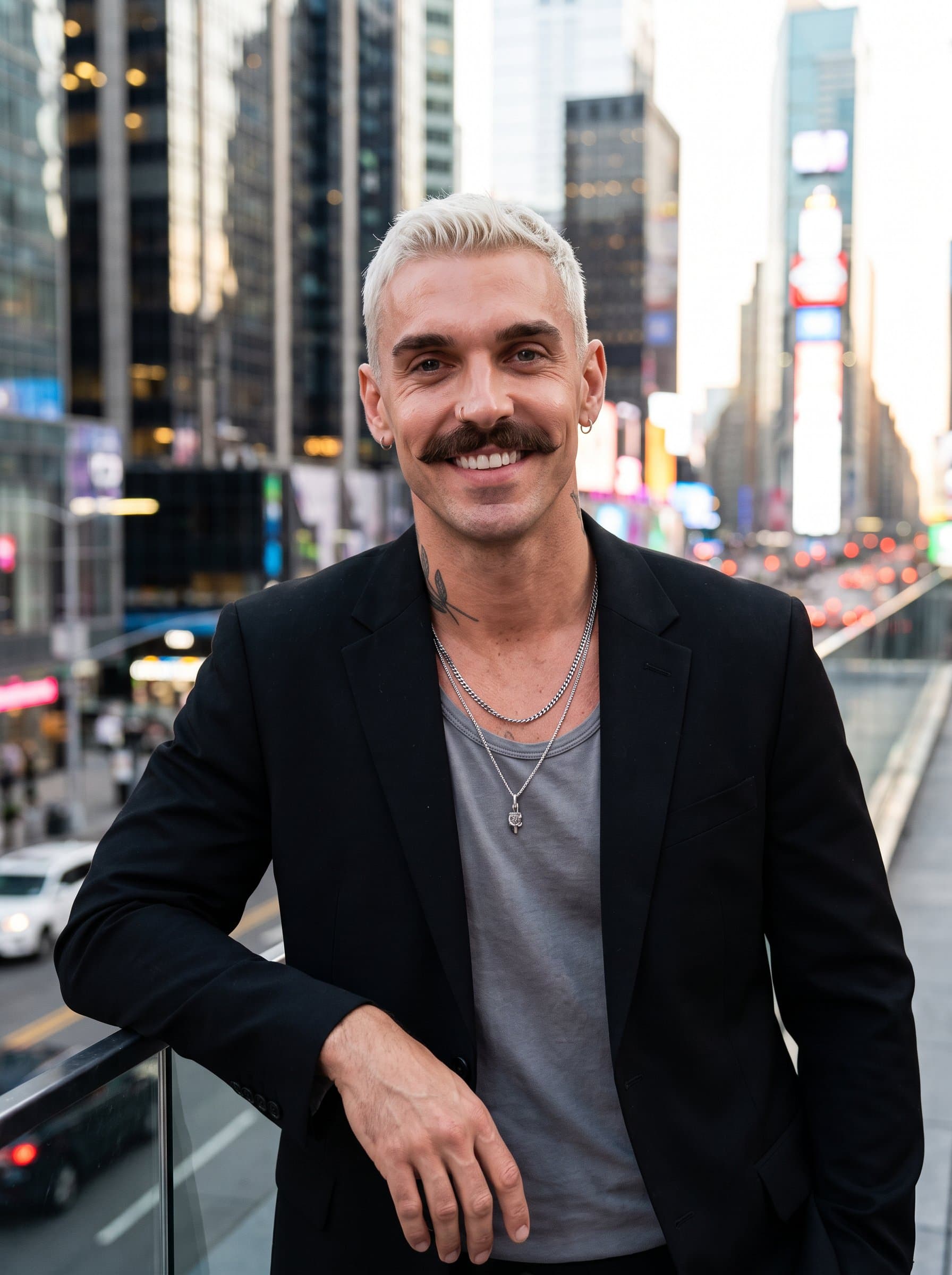 : Produce an Urban Sophistication headshot with chic street fashion and a modern city scene, showcasing a trendy and confident presence on a Match.com profile.