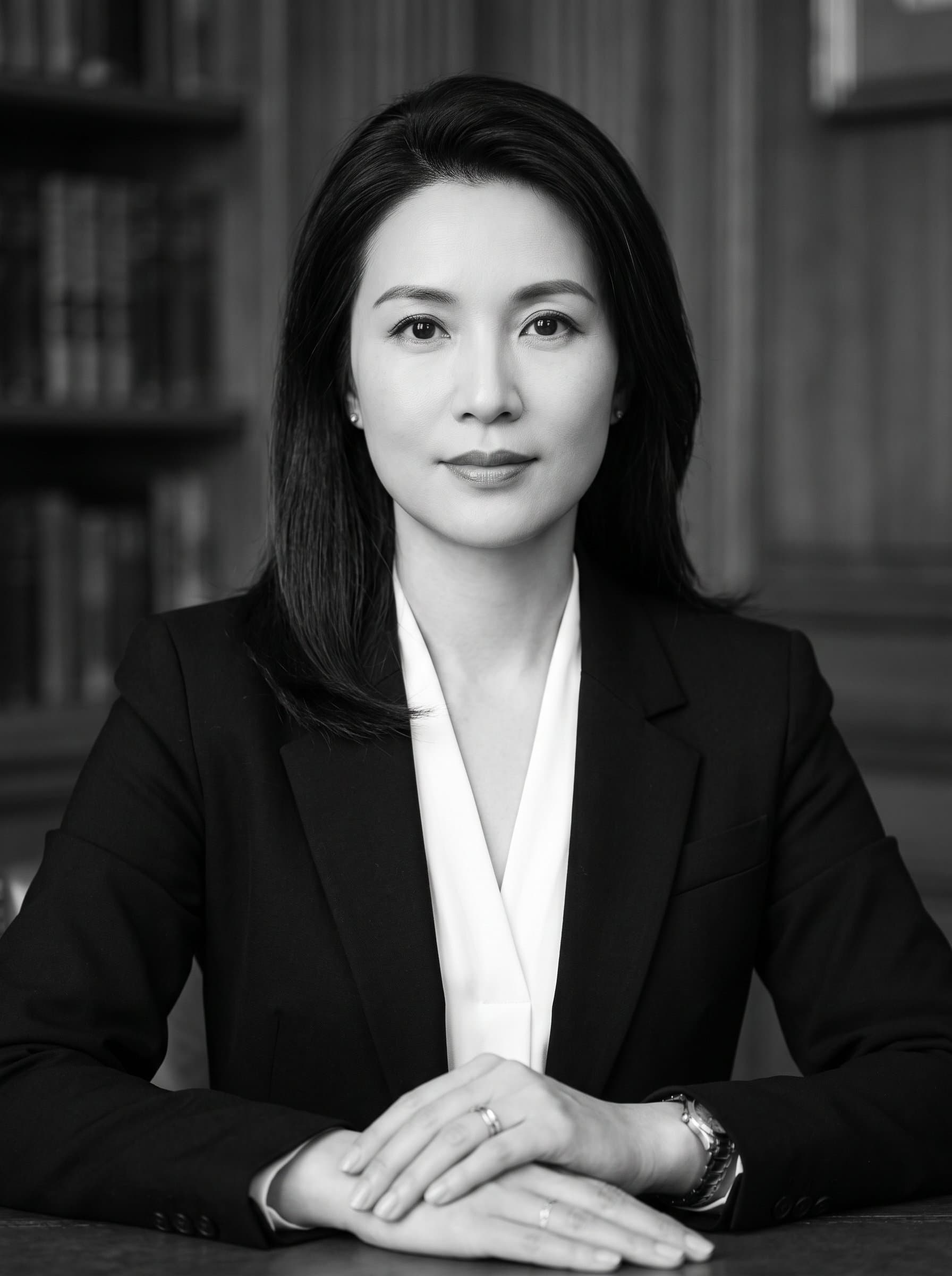 : Capture a Classic Elegance headshot featuring a timeless pose and monochrome elements, enhancing the woman's dignified presence for a sophisticated Match.com profile.