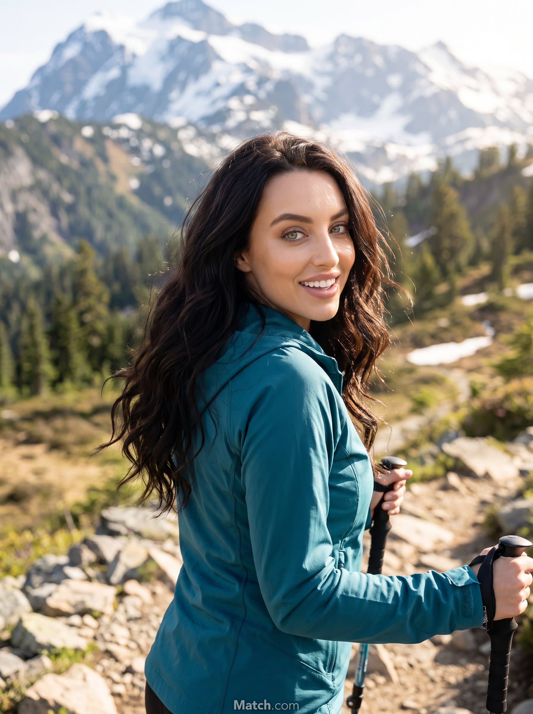 : Shoot an Outdoor Adventure headshot capturing the woman's energetic movement in a scenic environment, perfect for conveying an active and engaging lifestyle on Match.com.