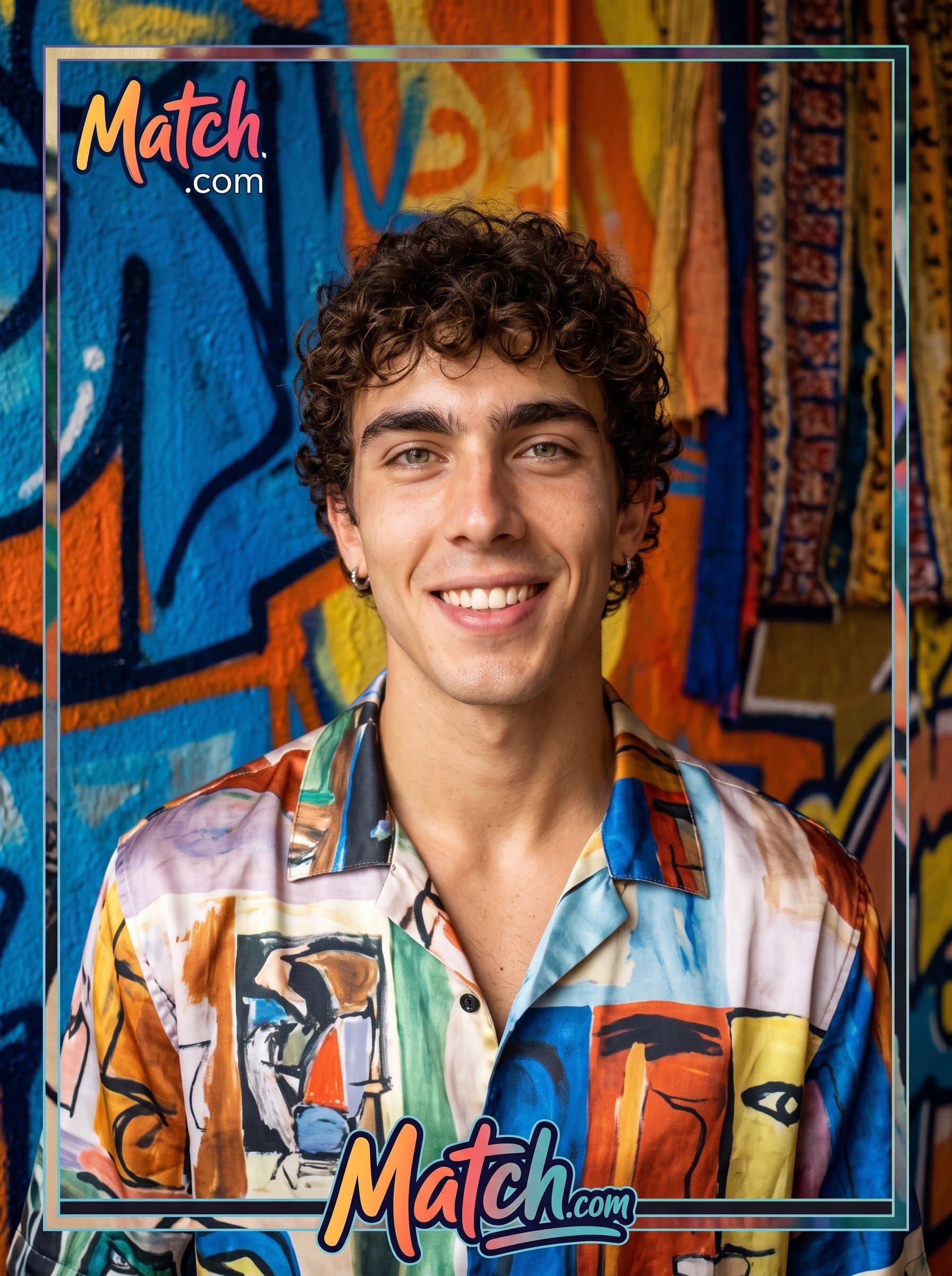: Design an Artistic Flair headshot using bold colors and unique textures to reflect the man's creativity and individuality, appealingly highlighted on a Match.com profile.
