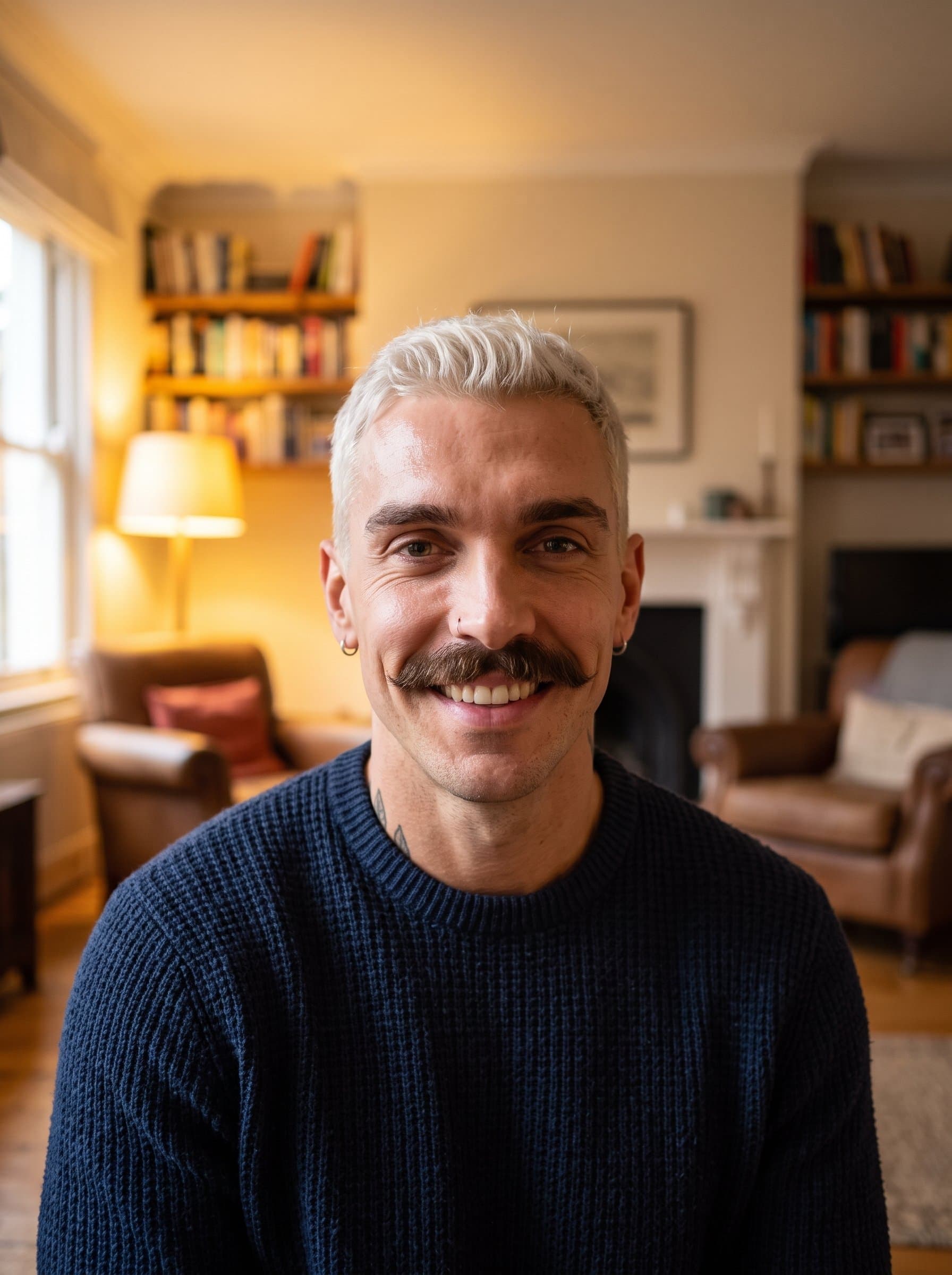: Create a Casual Charm headshot in a cozy setting with warm lighting, featuring a friendly smile and relaxed posture, ideal for inviting authentic connections on Match.com.