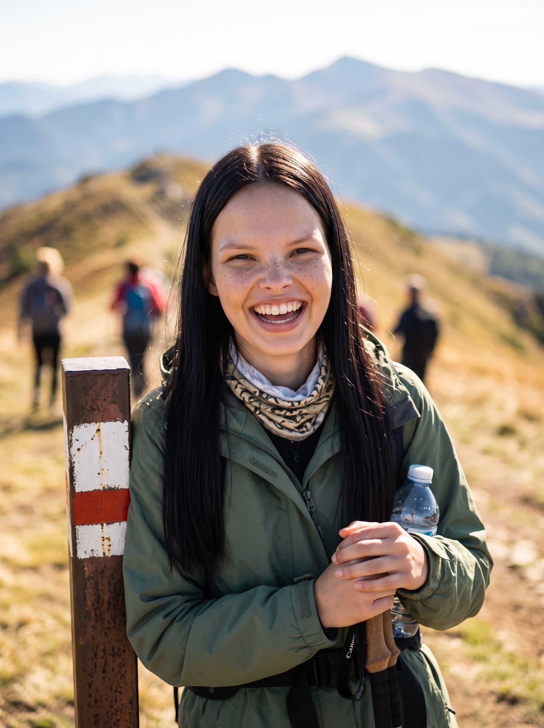 : Shoot an Outdoor Adventure headshot with the woman surrounded by nature, capturing their love for the outdoors through a candid and energetic pose for an exciting Match.com profile picture.