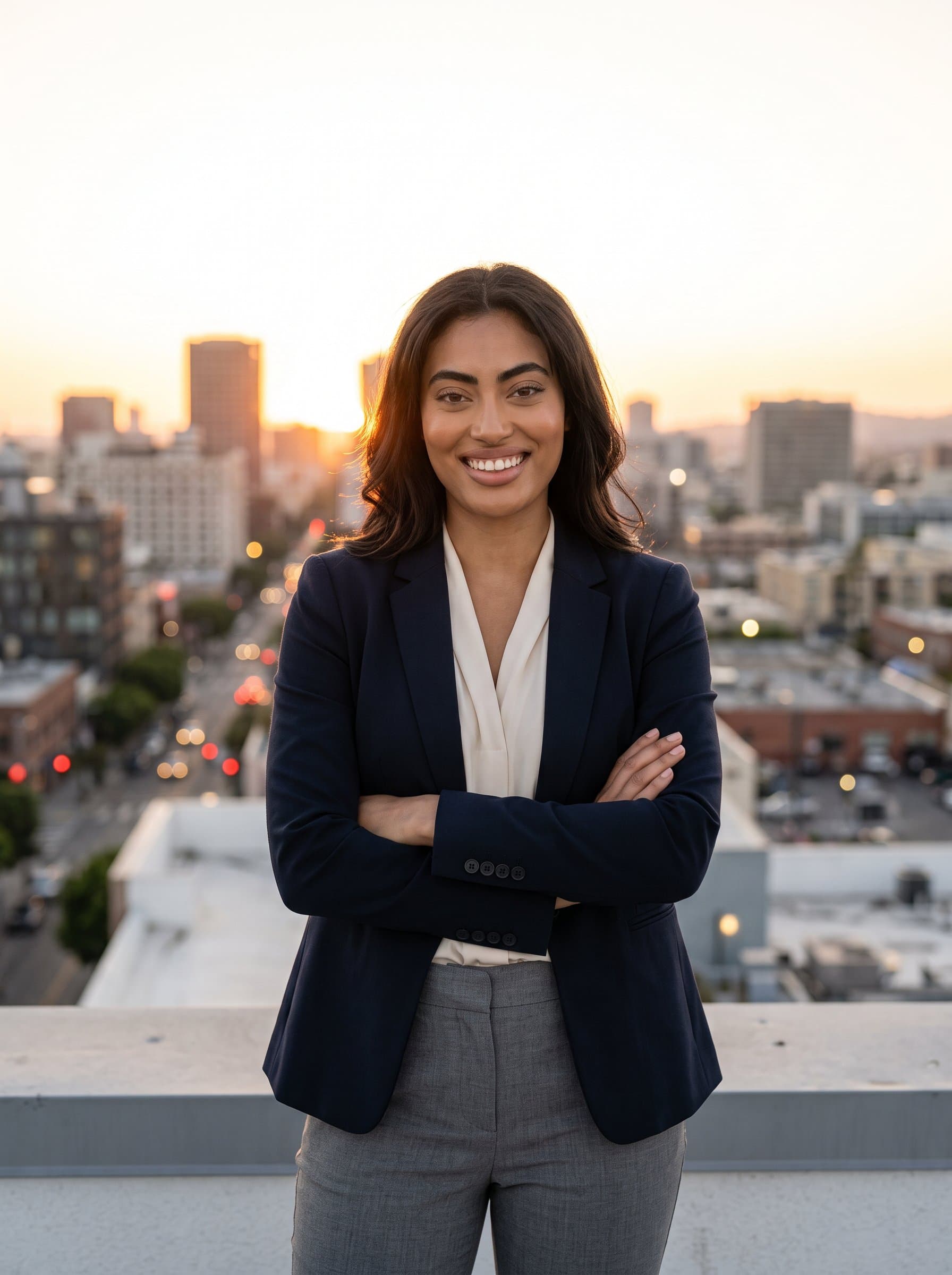 standing against a vibrant cityscape at golden hour, dressed in casual business attire, showcasing confidence and warmth through a genuine smile, with the sun casting a soft glow on the face.