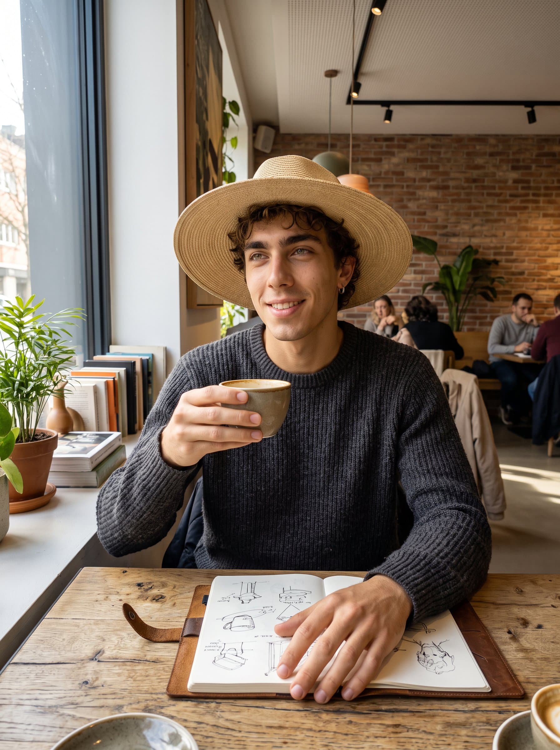 In a cozy, modern cafe setting, seated by the window with natural light illuminating the face, portraying a relaxed yet focused demeanor, holding a cup of coffee and exuding a sense of creativity.