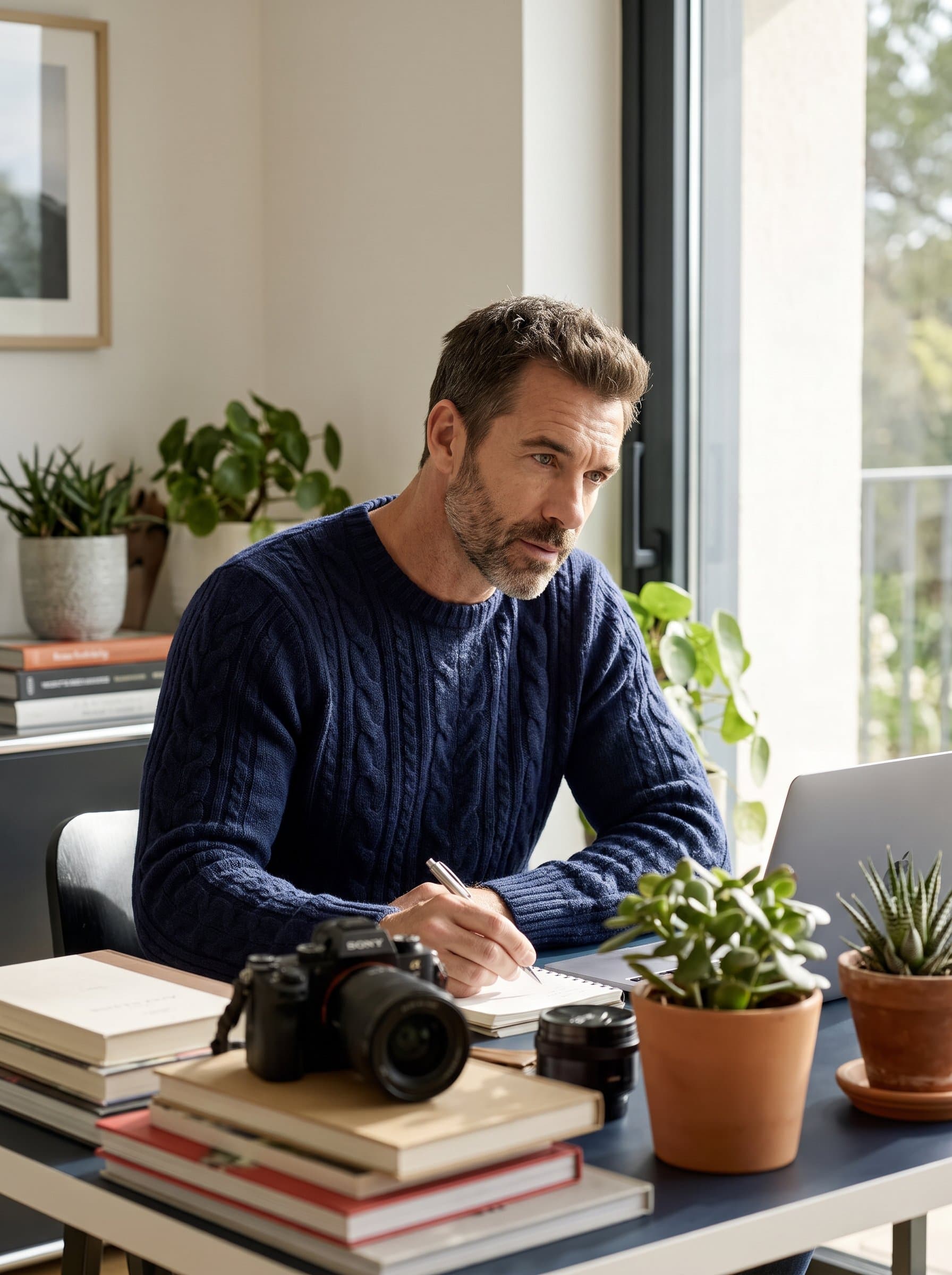 sitting at a modern home desk filled with books and plants, with a focused expression, embodying intelligence and curiosity, wearing a cozy sweater, with sunlight softly lighting the scene.
