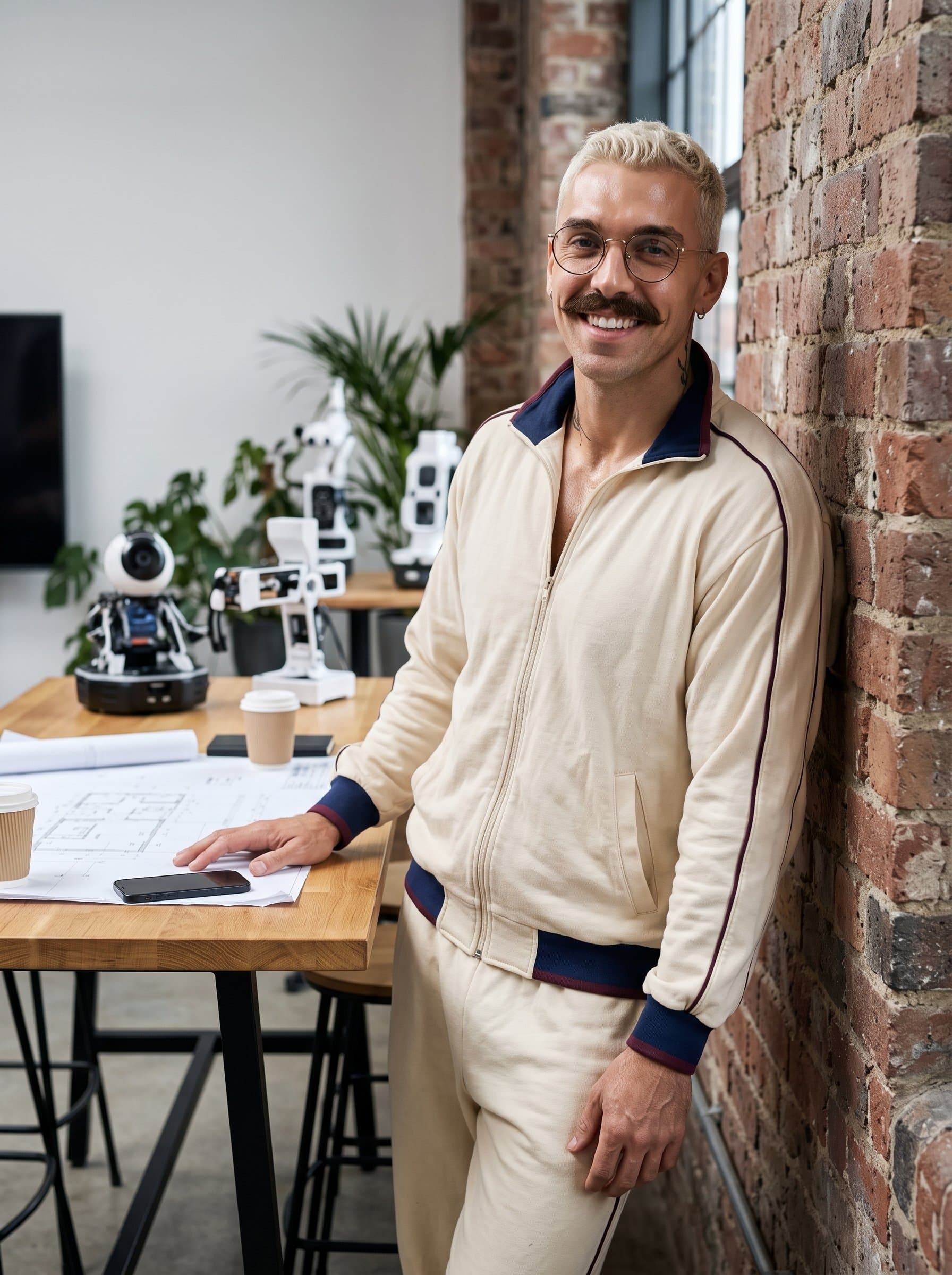 in a chic, industrial-style workspace, leaning casually against a brick wall, showcasing an innovative mindset, with a confident and welcoming expression, and stylish eyewear as an accessory.