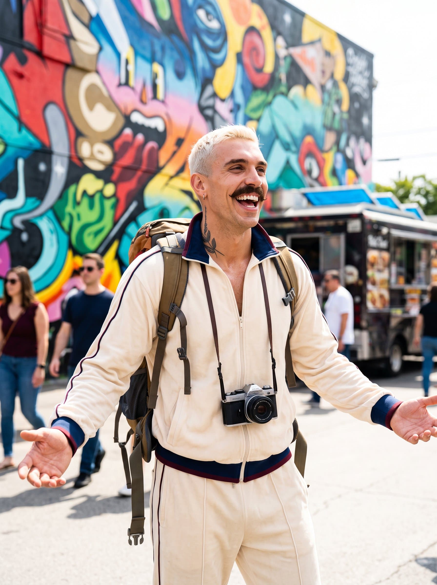 standing in front of a vibrant street mural, dressed in a trendy outfit, with a lively and adventurous spirit, showcasing a sense of individuality and openness to new experiences.