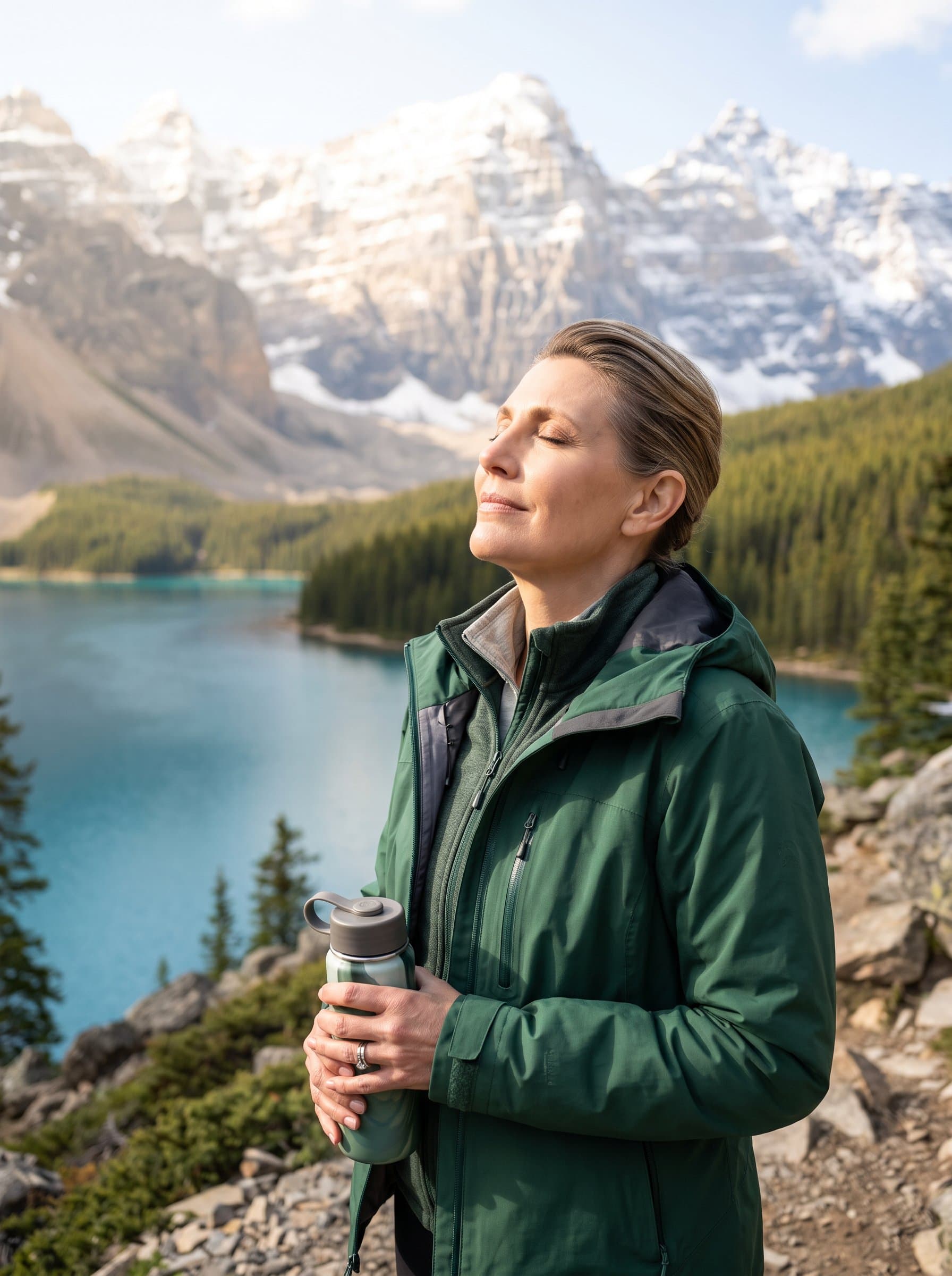In a serene mountain setting, wearing a comfortable outdoor jacket, with a look of peace and connection to nature, highlighting an adventurous spirit and appreciation for the outdoors.