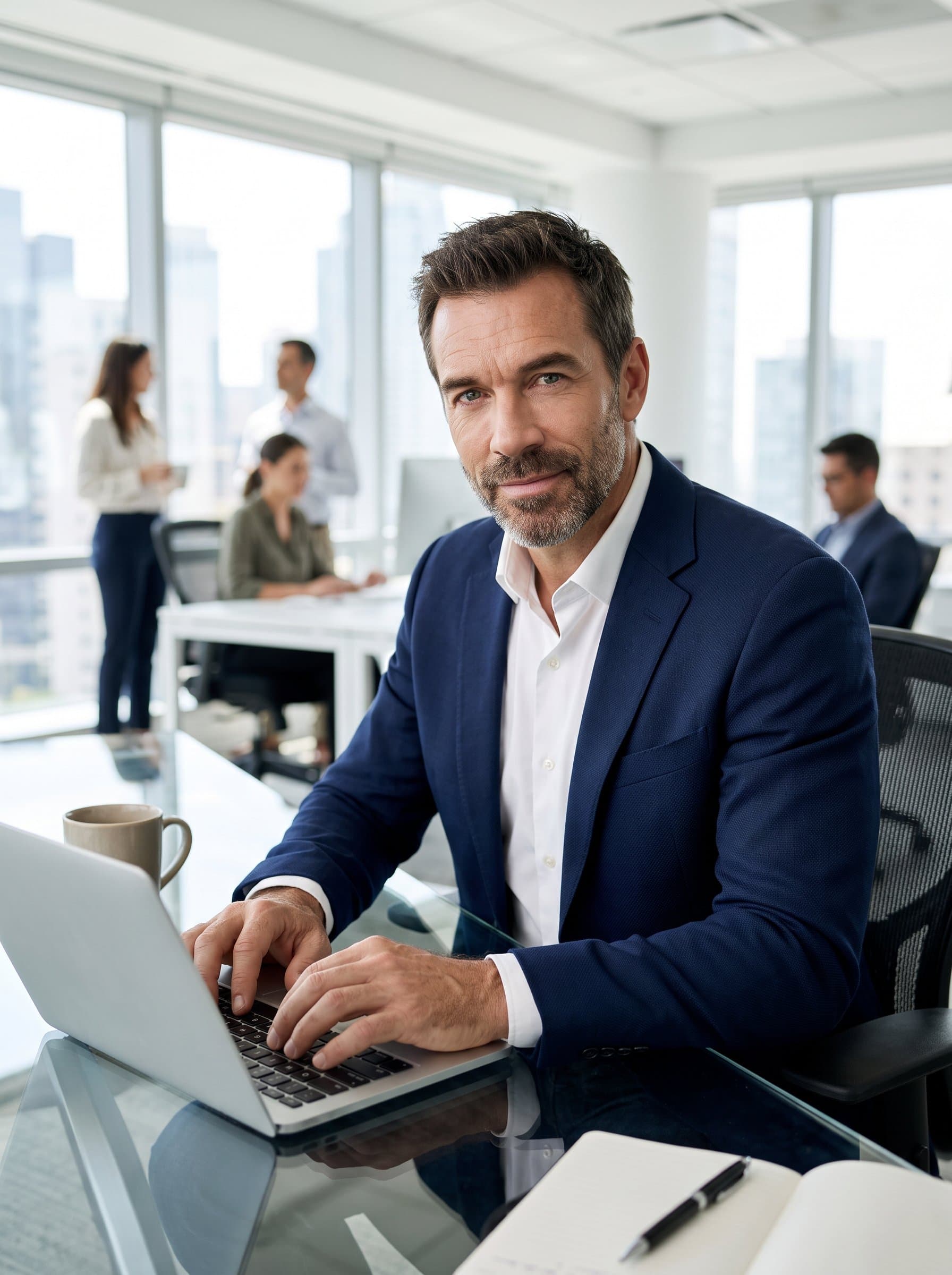 in a professional office environment, using a laptop at a sleek desk, exuding professionalism and approachability, with a subtle hint of determination in the eyes and a slight smile.