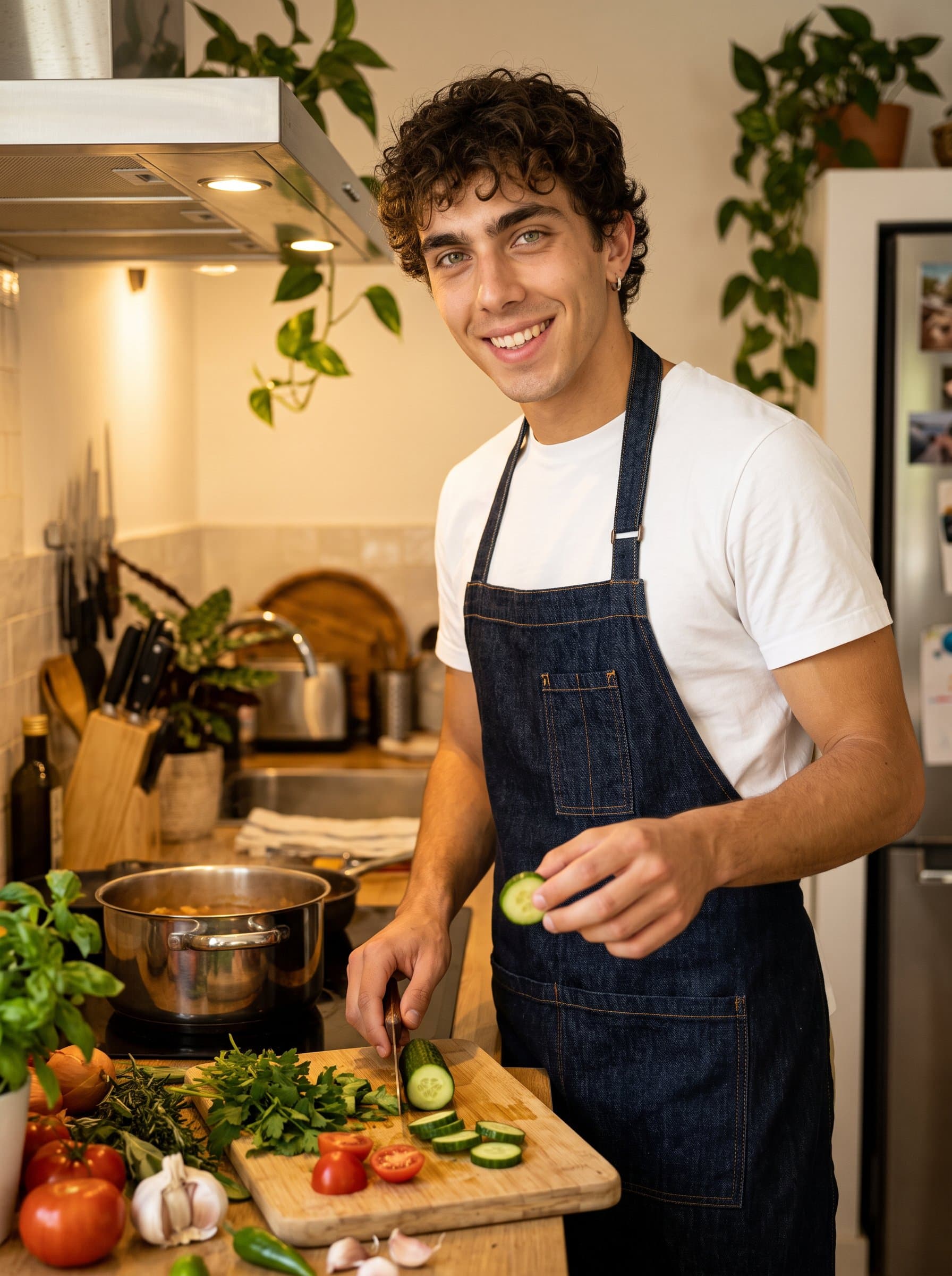 in a home kitchen setting, preparing a meal with fresh ingredients, wearing a casual apron, showcasing a love for culinary arts and a nurturing, hospitable personality.