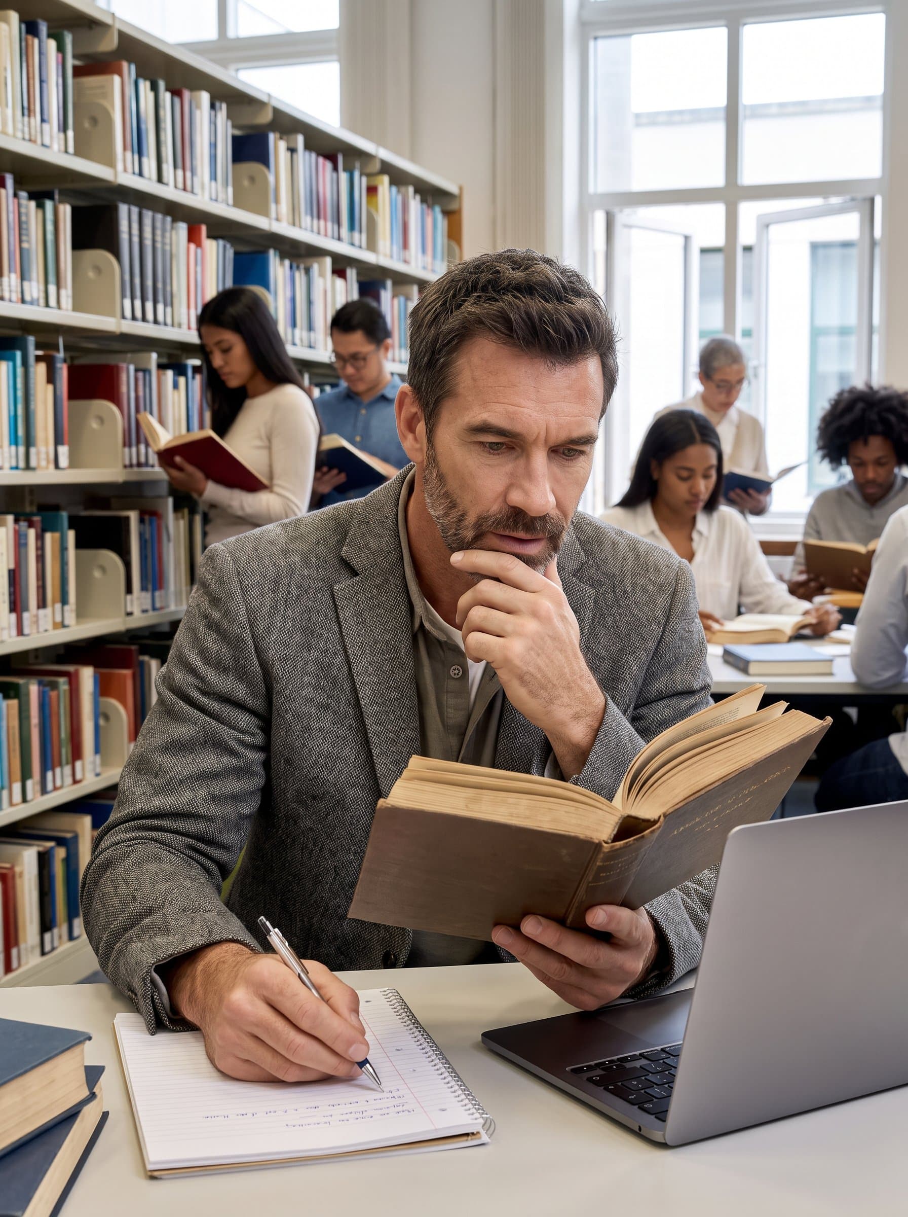 at a bustling library, deeply engaged in research, surrounded by books, with a look of intellectual curiosity and focus, highlighting a commitment to learning and academic pursuits.