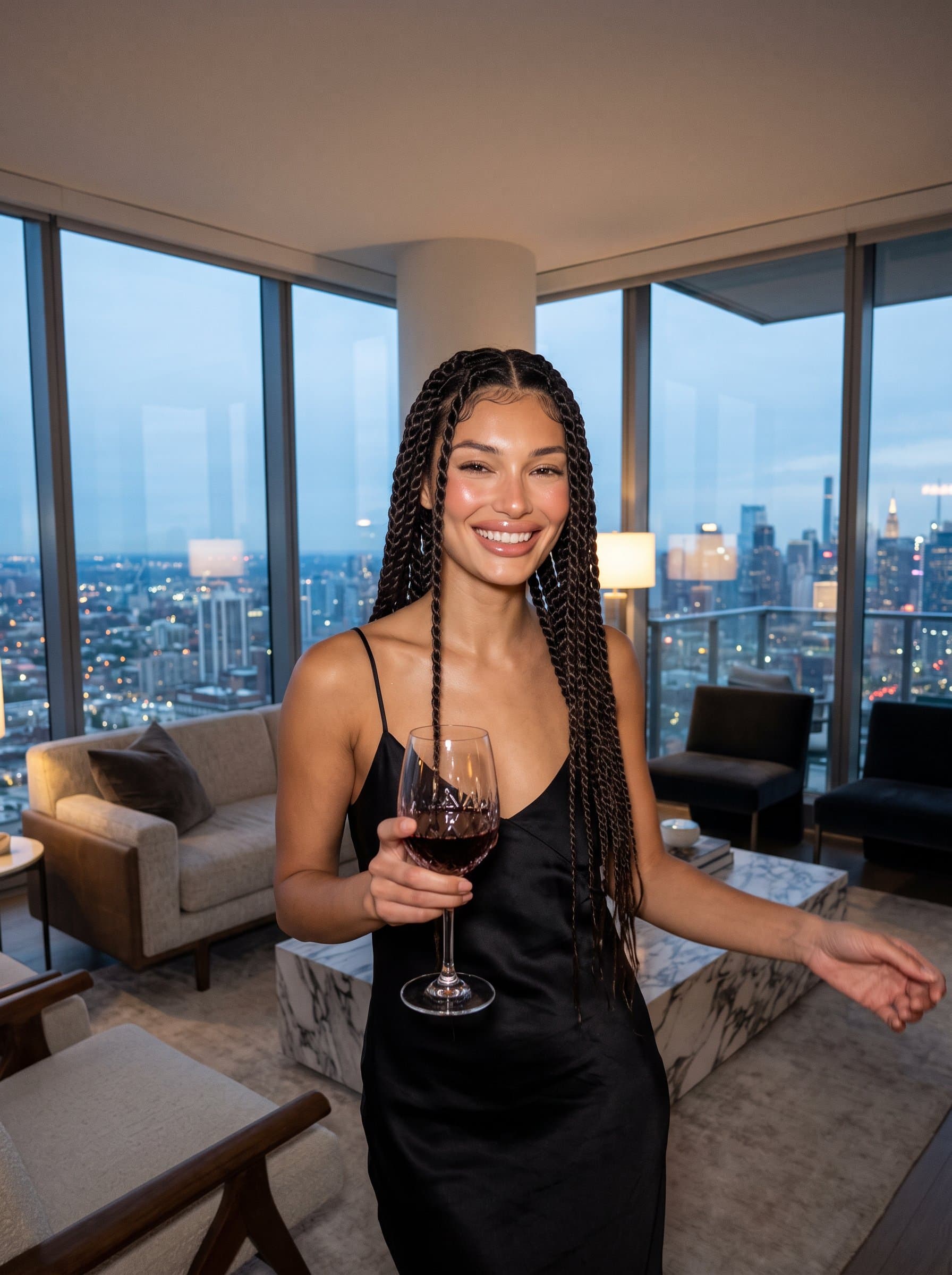 in a sleek high-rise apartment with a city view, holding a glass of wine, exuding sophistication and a love for urban living, with a stylish, modern interior as the backdrop.