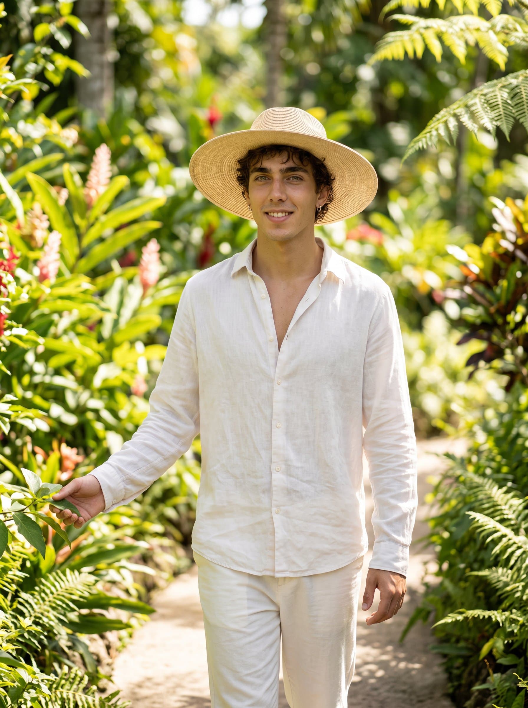 walking through a vibrant botanical garden, dressed in a light, flowing outfit, exuding tranquility and a love for nature, with a soft focus on the lush greenery surrounding them.