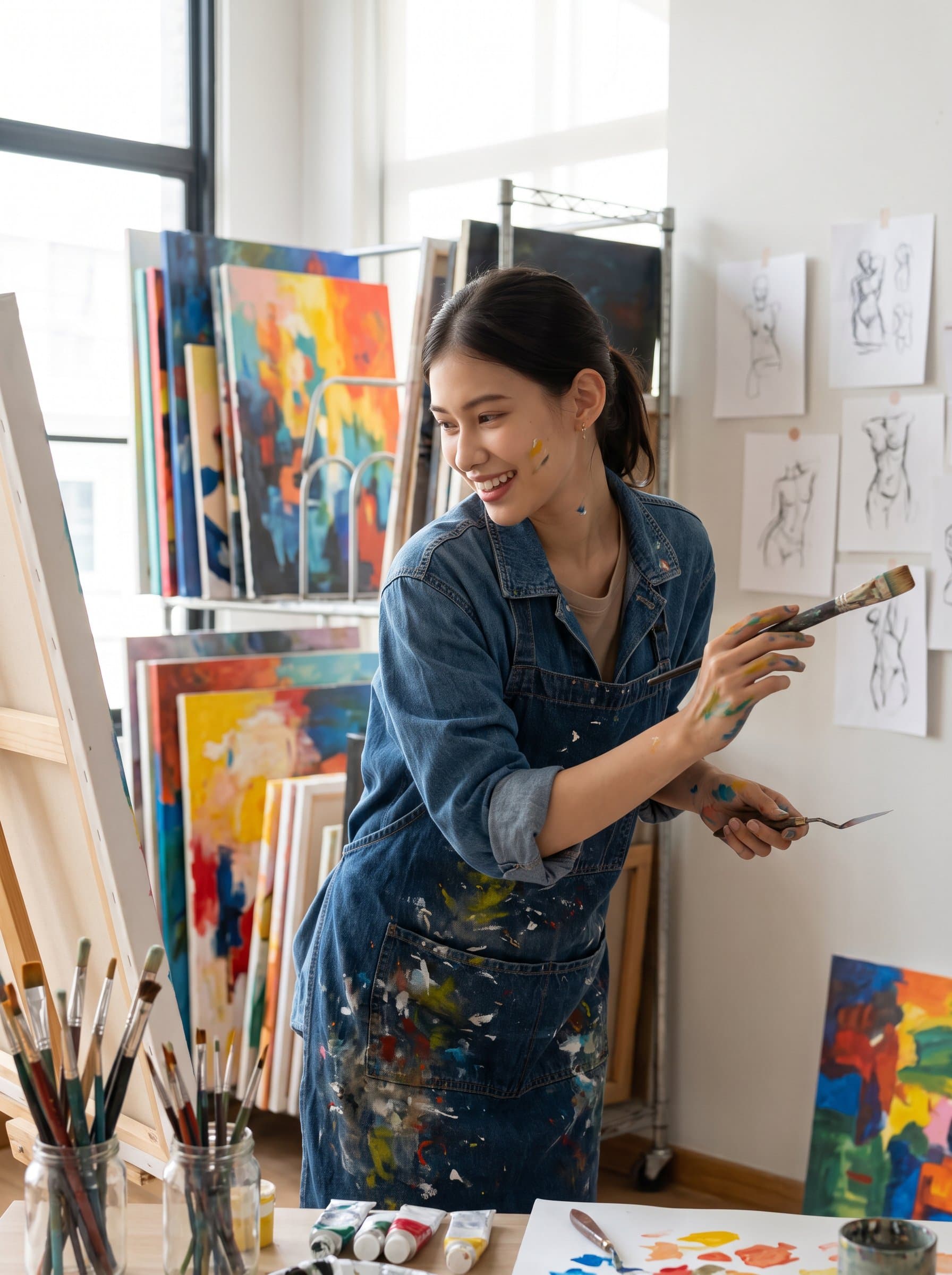 In a modern art studio, surrounded by colorful canvases, wearing an artist's smock, with a focused yet joyful expression, highlighting creativity, passion for art, and a hands-on approach.